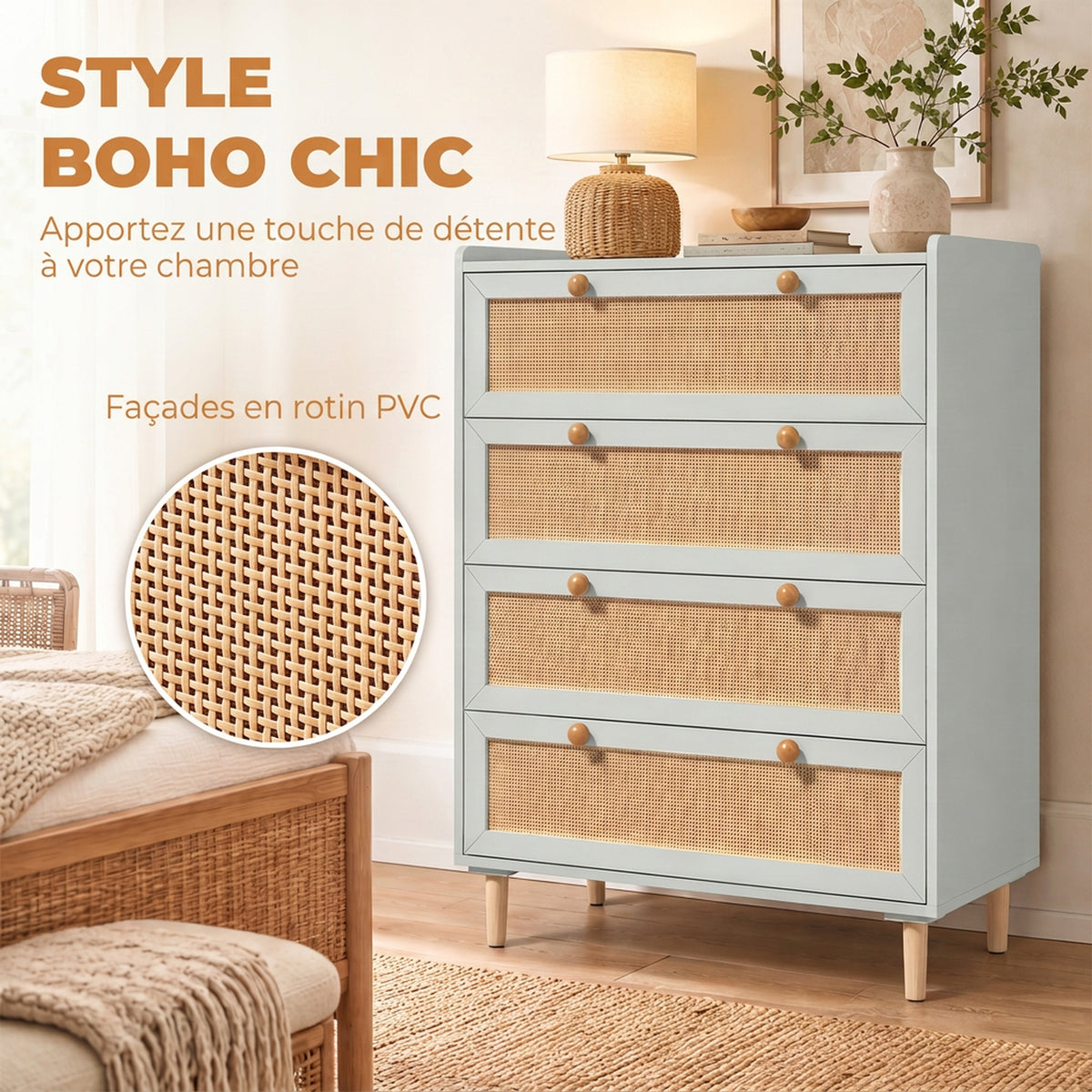 Commode 4 Tiroirs en Bois et Rotin PVC, Style Bohème, pour Chambre à Coucher, Entrée, Couloir, 80x40x109,2cm, Vert Sauge
