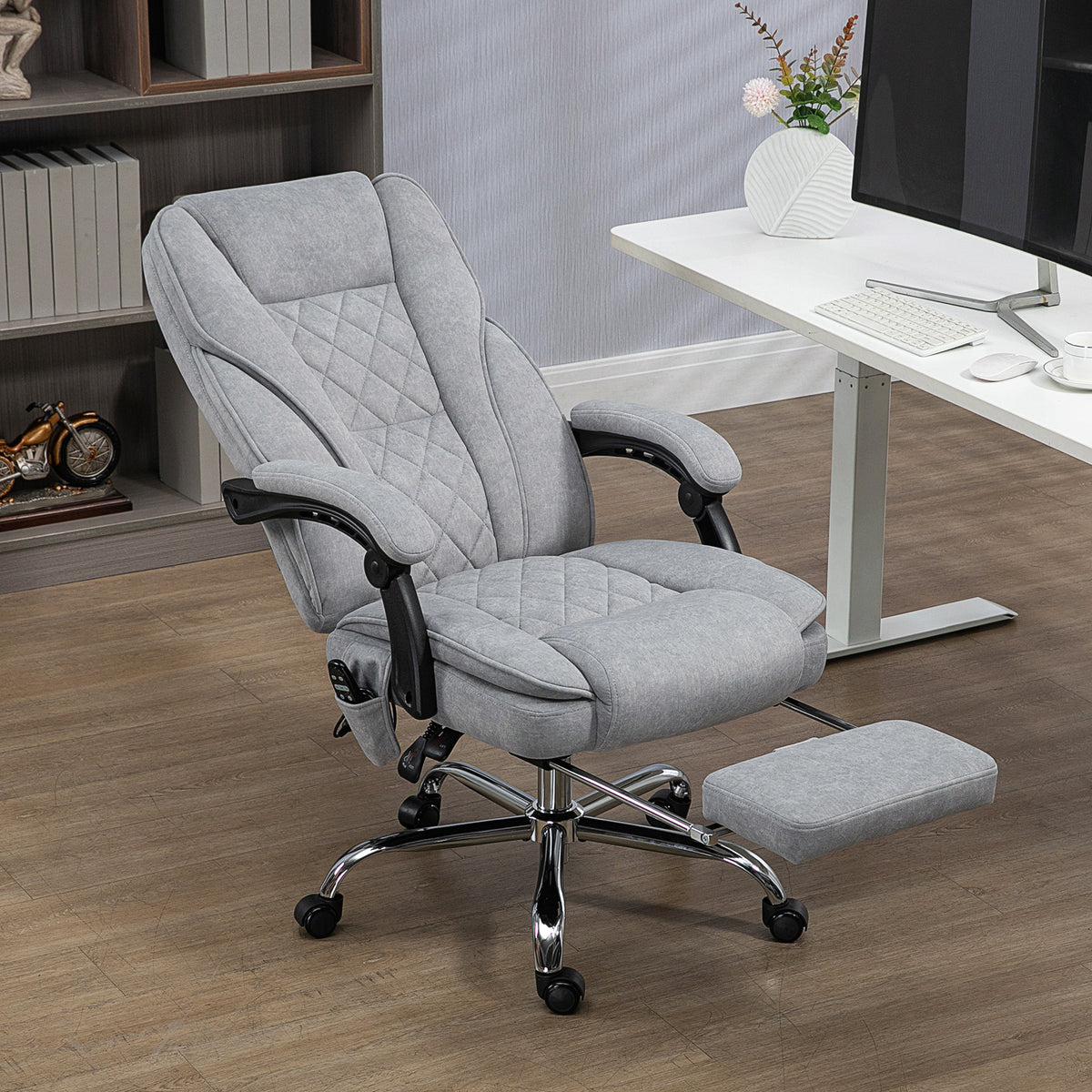 Fauteuil de bureau massant et chauffant hauteur réglable dossier inclinable télécommande repose-pieds rétractable gris