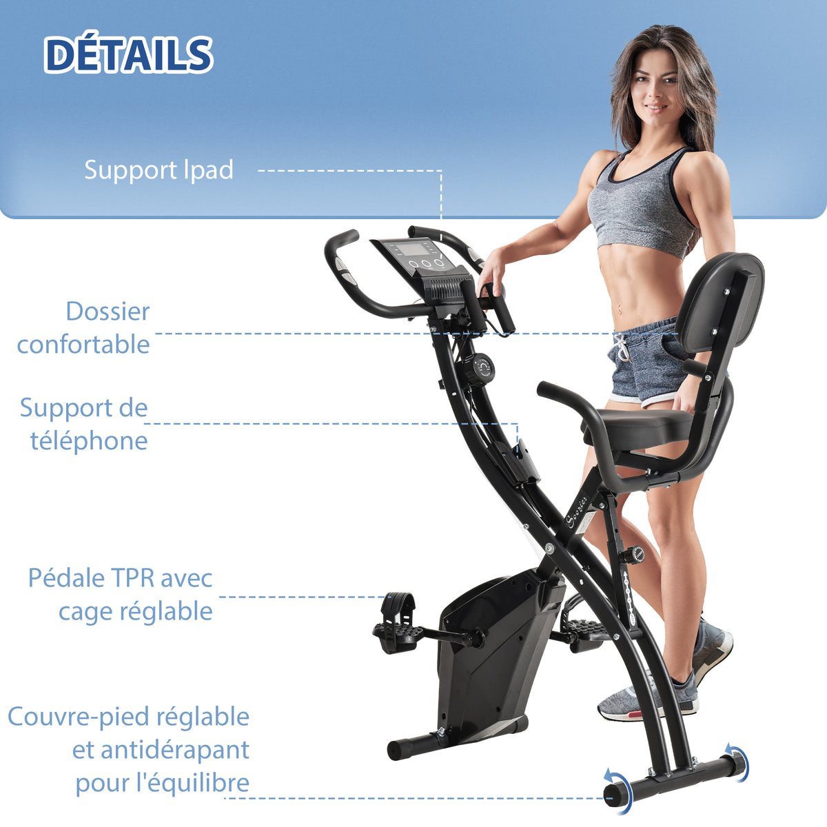 Vélo d'Appartement Pliable 4-en-1 - Ergomètre Magnétique Silencieux avec Cordes de Résistance - Sport Maison et Cardio-training avec Roulettes, Selle Confort et LCD (Max 120kg), Noir