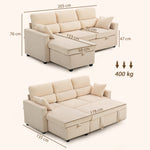 Canapé d'angle convertible en velours côtelé, canapé-lit 3 places avec rangement caché, coussins, 205x135x76cm, beige