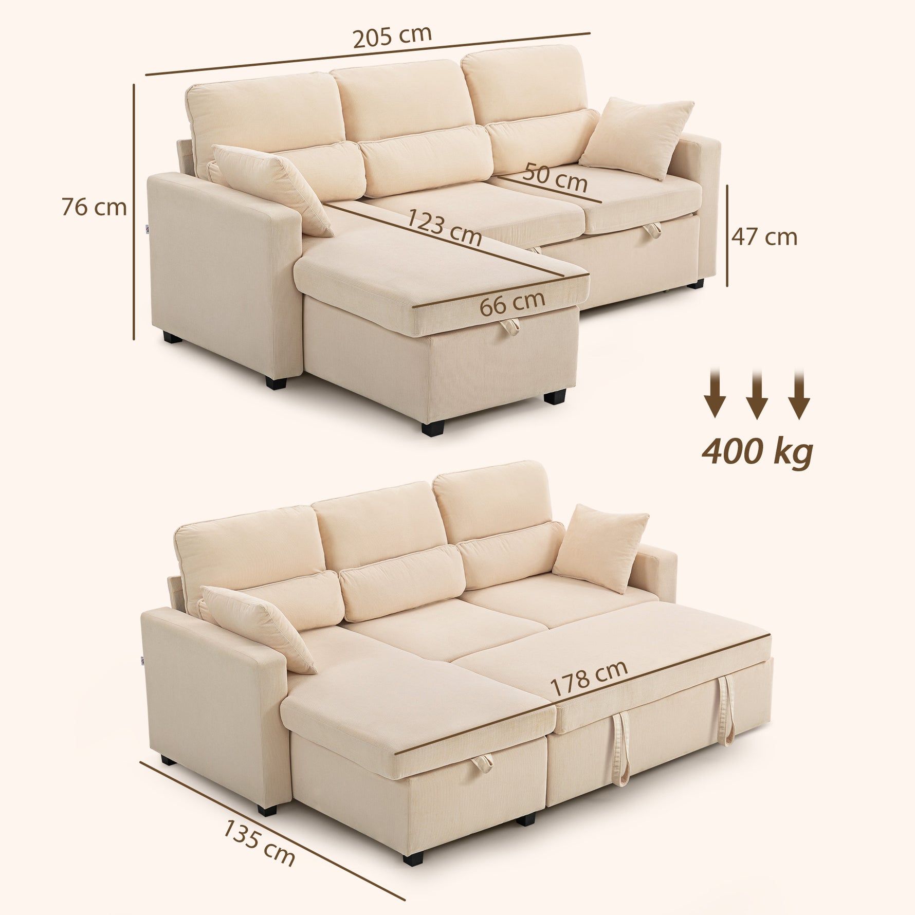 Canapé d'angle convertible en velours côtelé, canapé-lit 3 places avec rangement caché, coussins, 205x135x76cm, beige