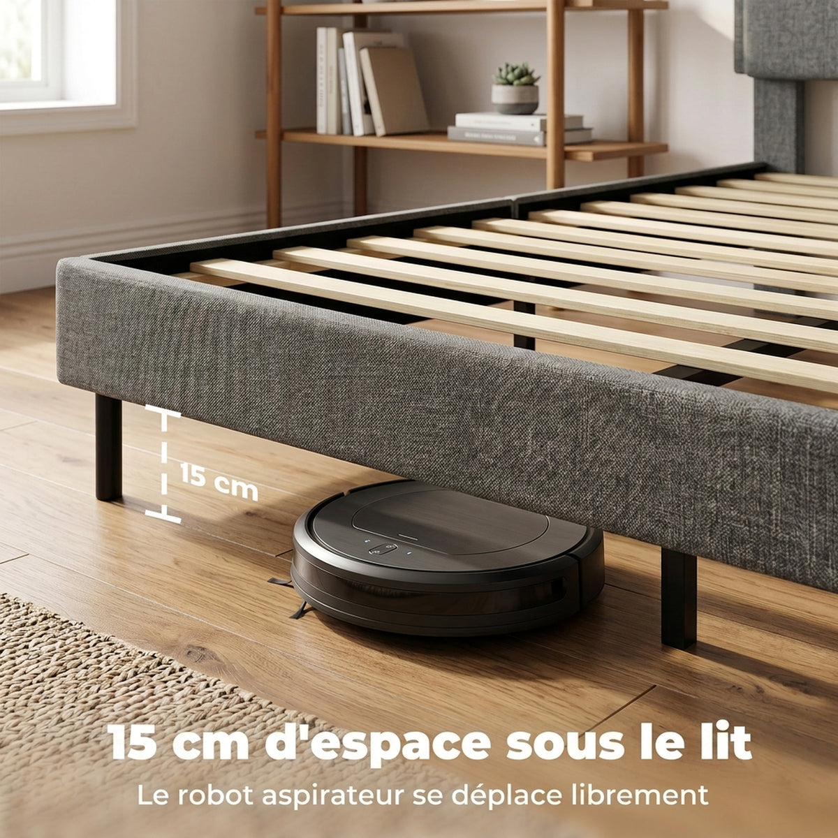 Estructura de cama de 140 x 190 cm con somier y cabecero ajustable, cama doble tapizada en lino, almacenamiento inferior, gris