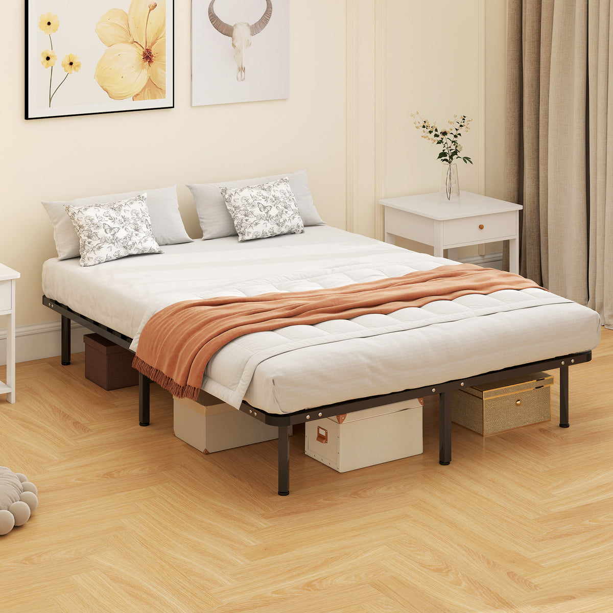 Bedframe 140 x 190 cm, tweepersoonsbed van massief hout met lattenbodem en voeteneinde, opbergruimte eronder, zwart