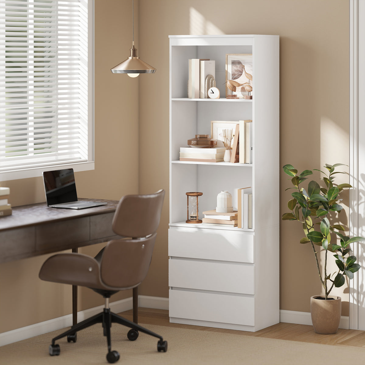Bibliothèque haute de 180 cm avec 3 étagères et 3 tiroirs 60 x 35 x 180 cm en bois blanc