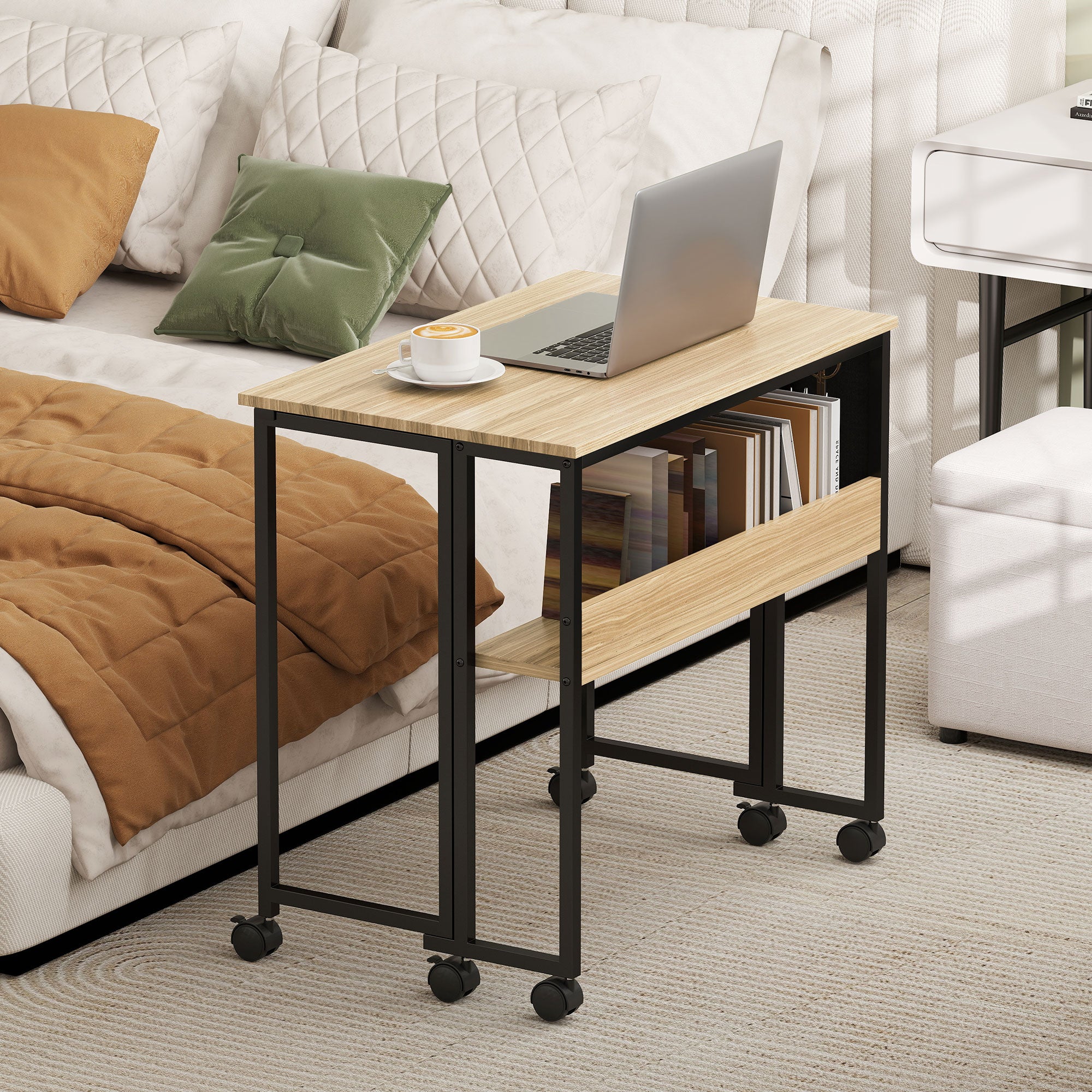 Bureau pliable sur roulettes 80 x 50 cm avec étagère et sac de rangement, chêne