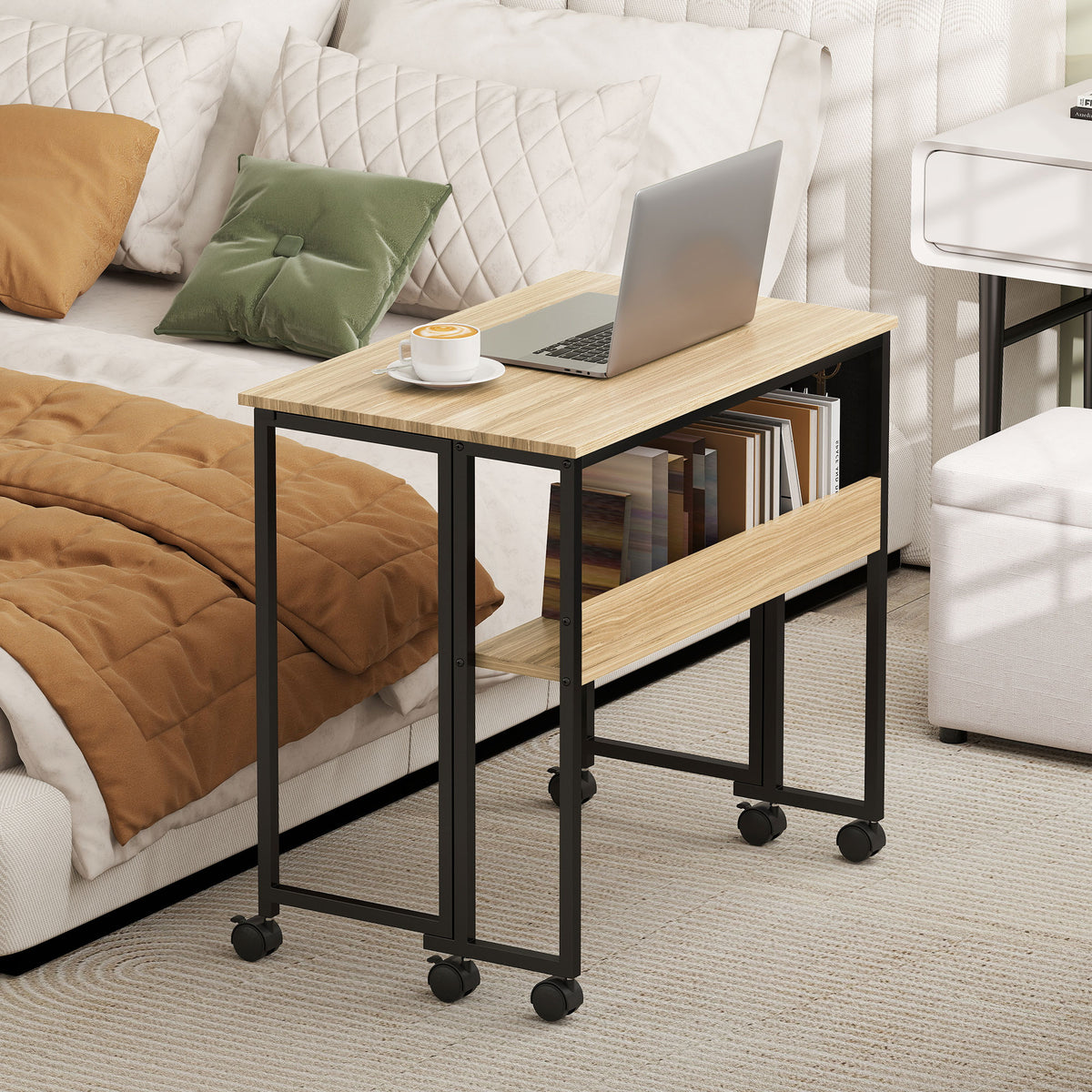 Bureau pliable sur roulettes 80 x 50 cm avec étagère et sac de rangement, chêne