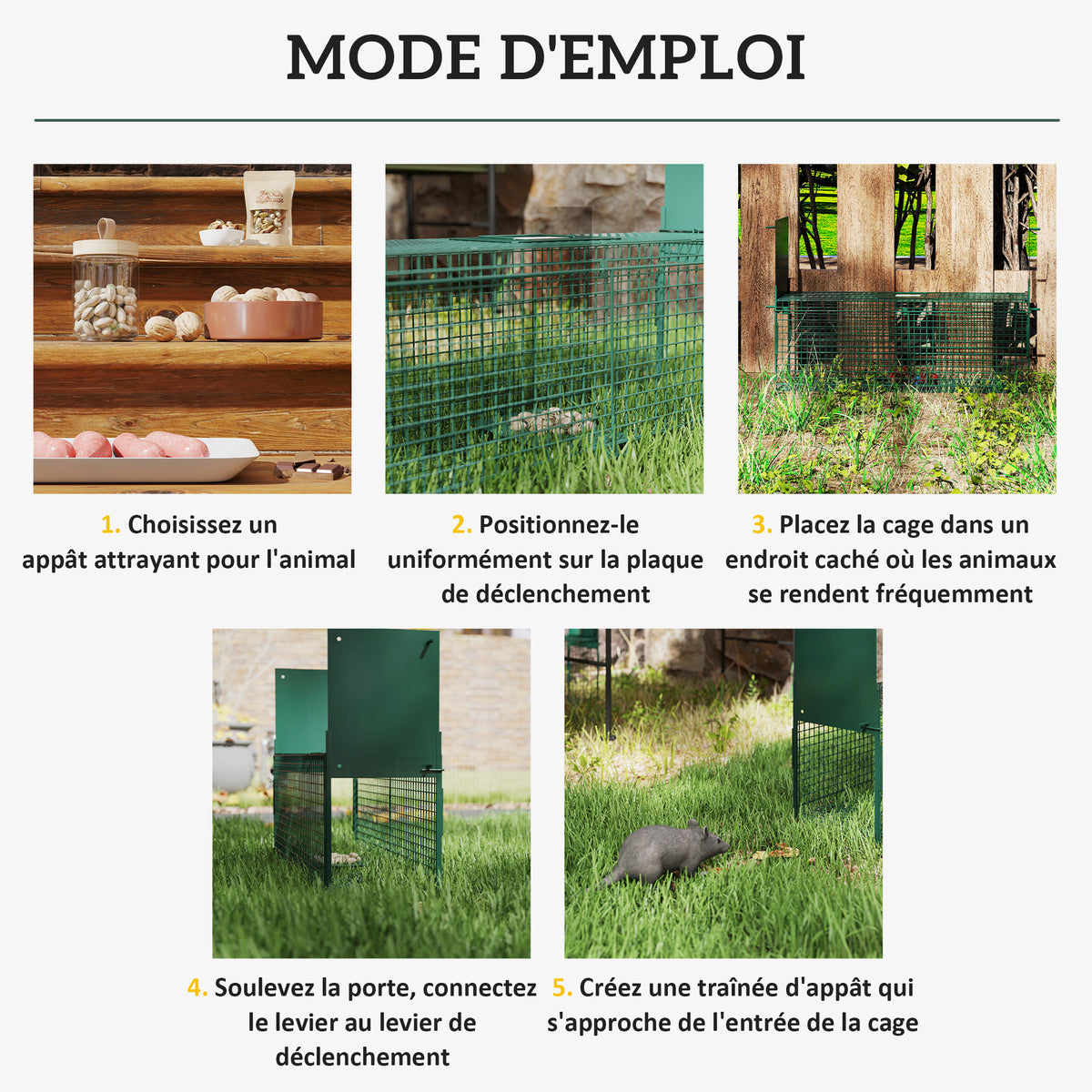 Piège Vivant Cage Attrape 60 x 18 x 20 cm Piège Fouine pour Martres, Rats, Souris - 2 entrées + poignée - métal vert