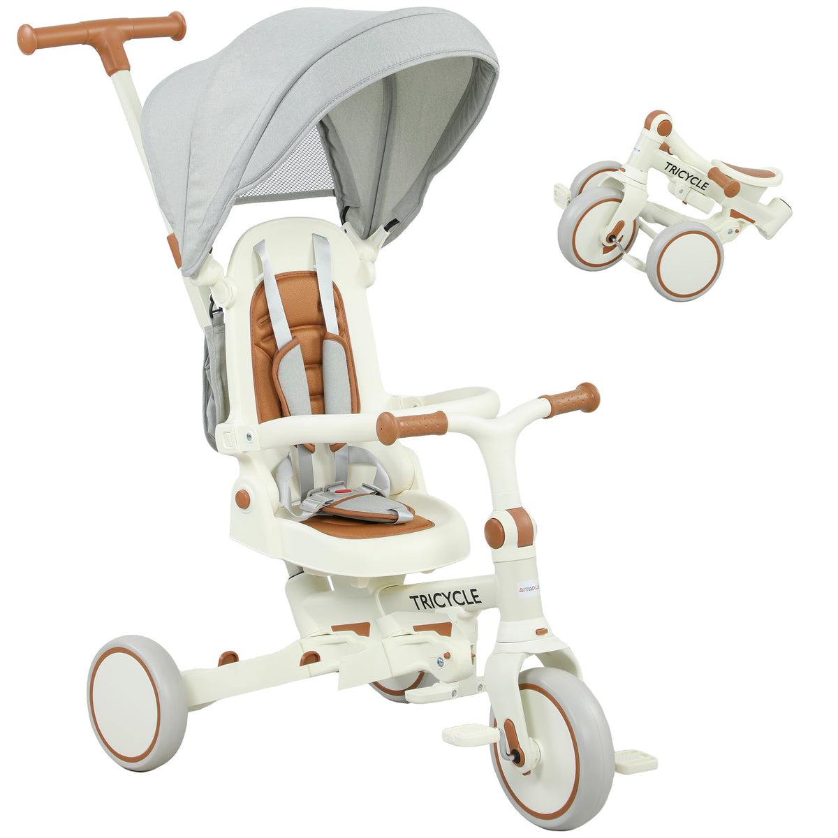 Tricycle bébé évolutif 5 en 1, tricycle enfant pliable avec poignée réglable, capote amovible, pour 1-3 ans, crème