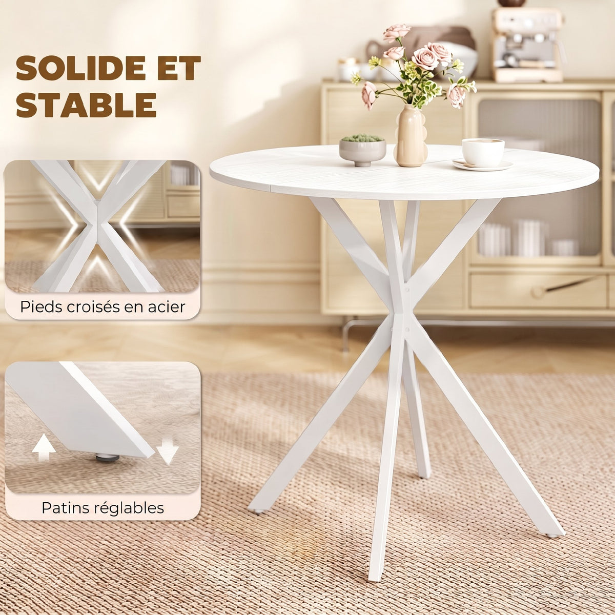 Ronde eettafel voor 2 personen met blad in houtlook en gekruist stalen onderstel, wit