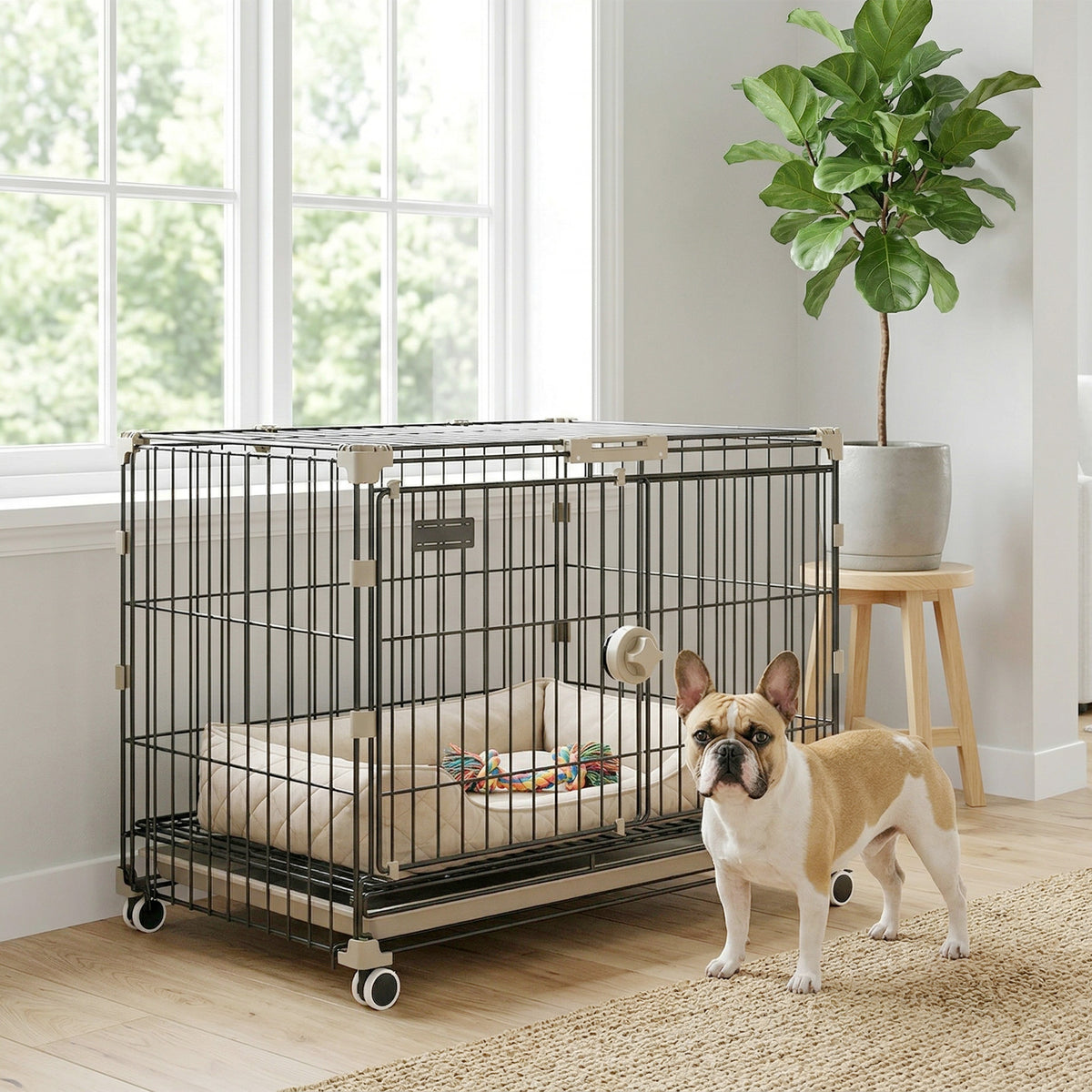 Cage pour Chien, Plateau Amovible, Roues avec Freins, Toit Ouvrant Verrouillable, 60,5x45,5x54,5cm, Noir