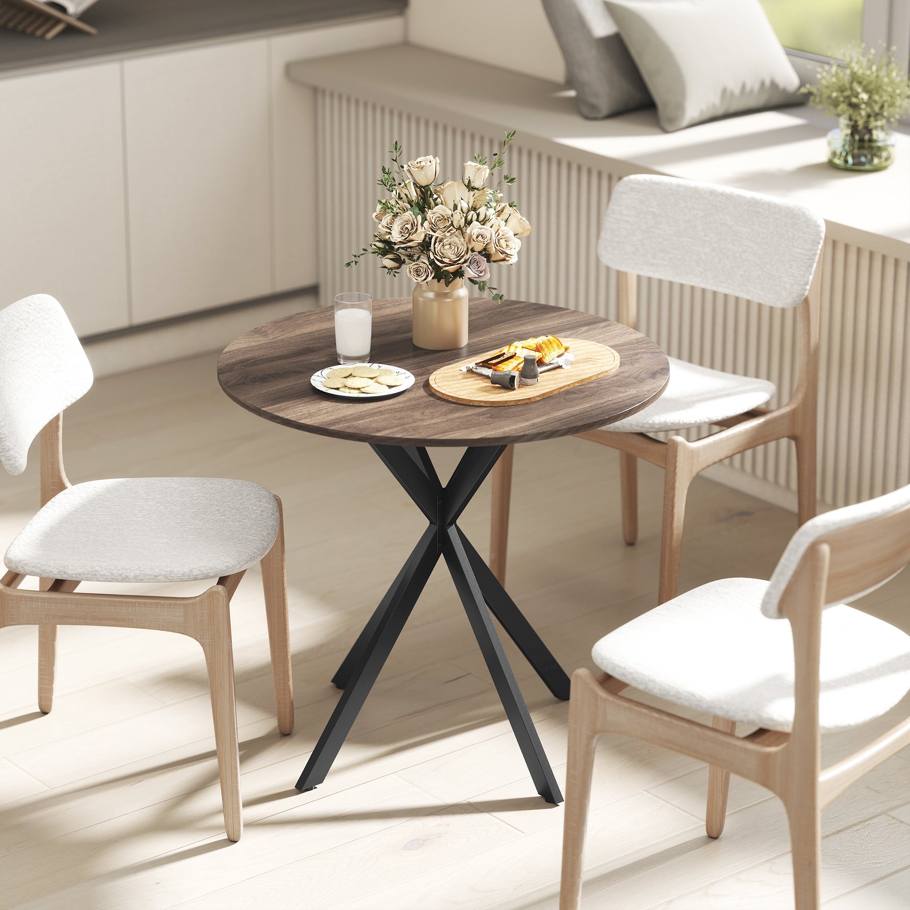 Table à manger ronde pour 2 personnes avec plateau aspect bois et piètement croisé en acier, marron