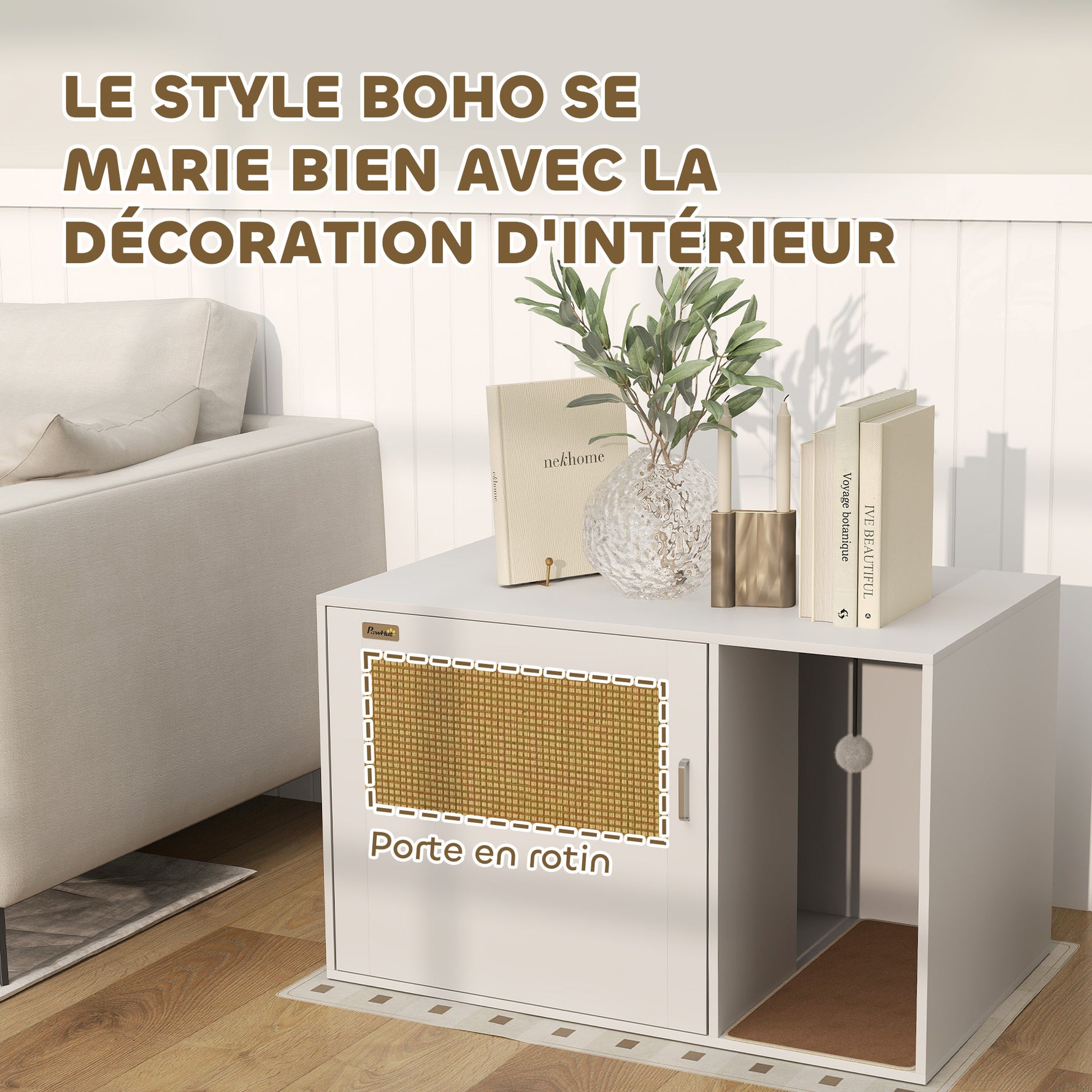 Maison de toilette chat meuble litière pour chat tapis griffoir porte avec poignées style bohème 80 x 50 x 50 cm blanc