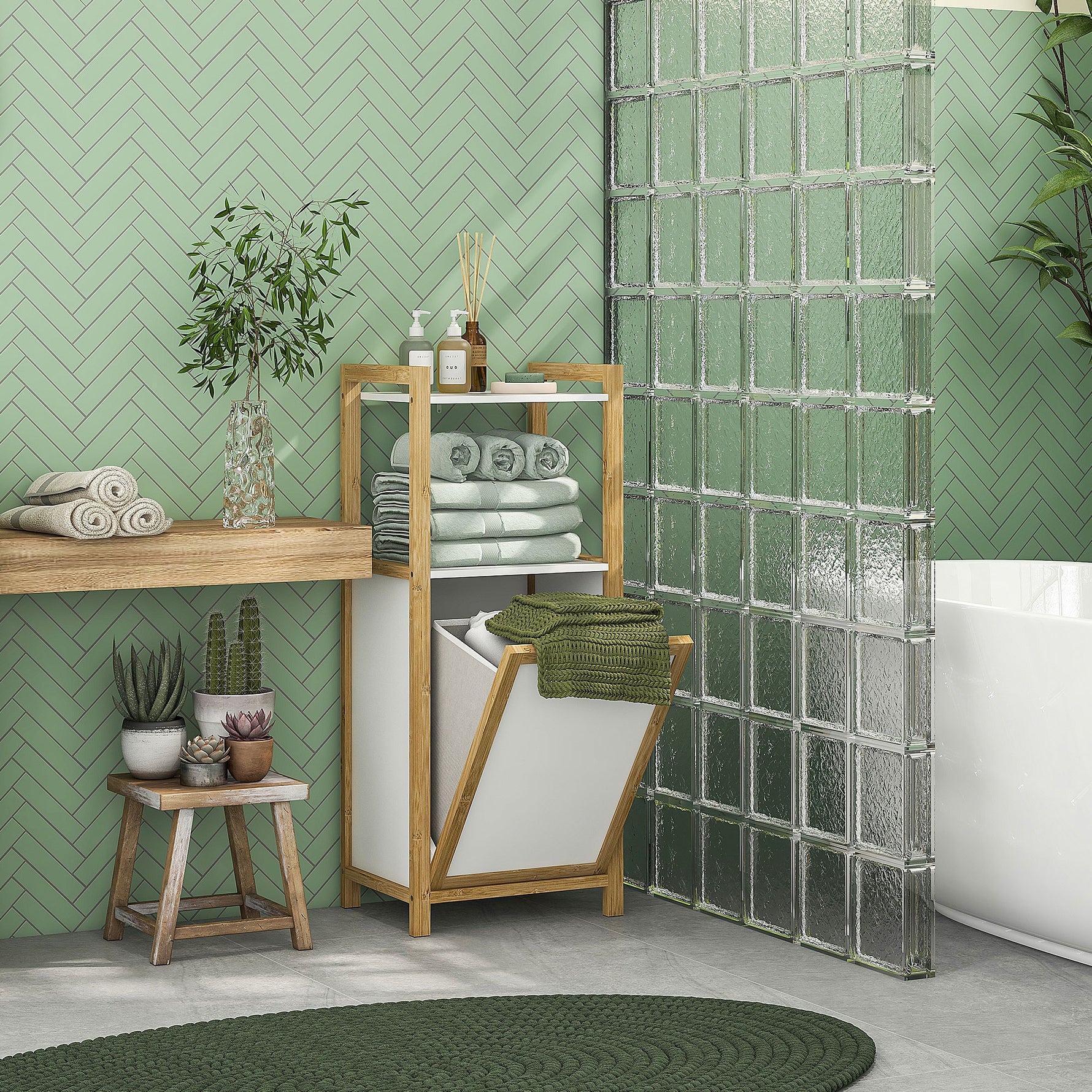 Meuble sur pied en bambou panier à linge salle de bain gain de place - 2 étagères - dim. 40L x 30l x 86,5H cm