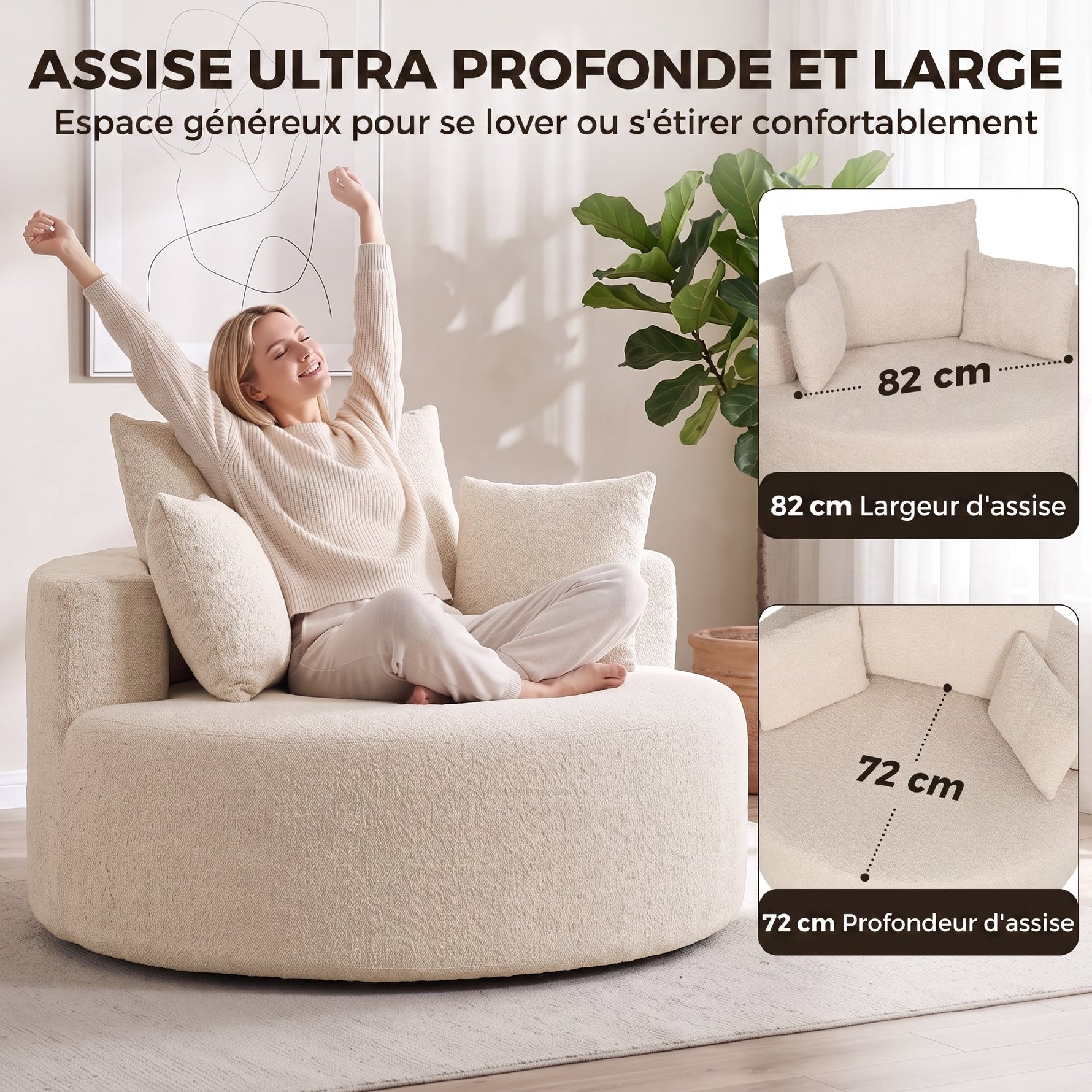 Pouf Canapé Rond en Chenille, Grande Assise, 2 Coussins, 1 Dossier, 1 Traversin, Charge 250kg, 130x130x82cm, Crème
