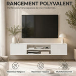 Mobile TV sospeso galleggiante 140cm con illuminazione LED e prese, 2 ante scanalate e ripiano regolabile, bianco