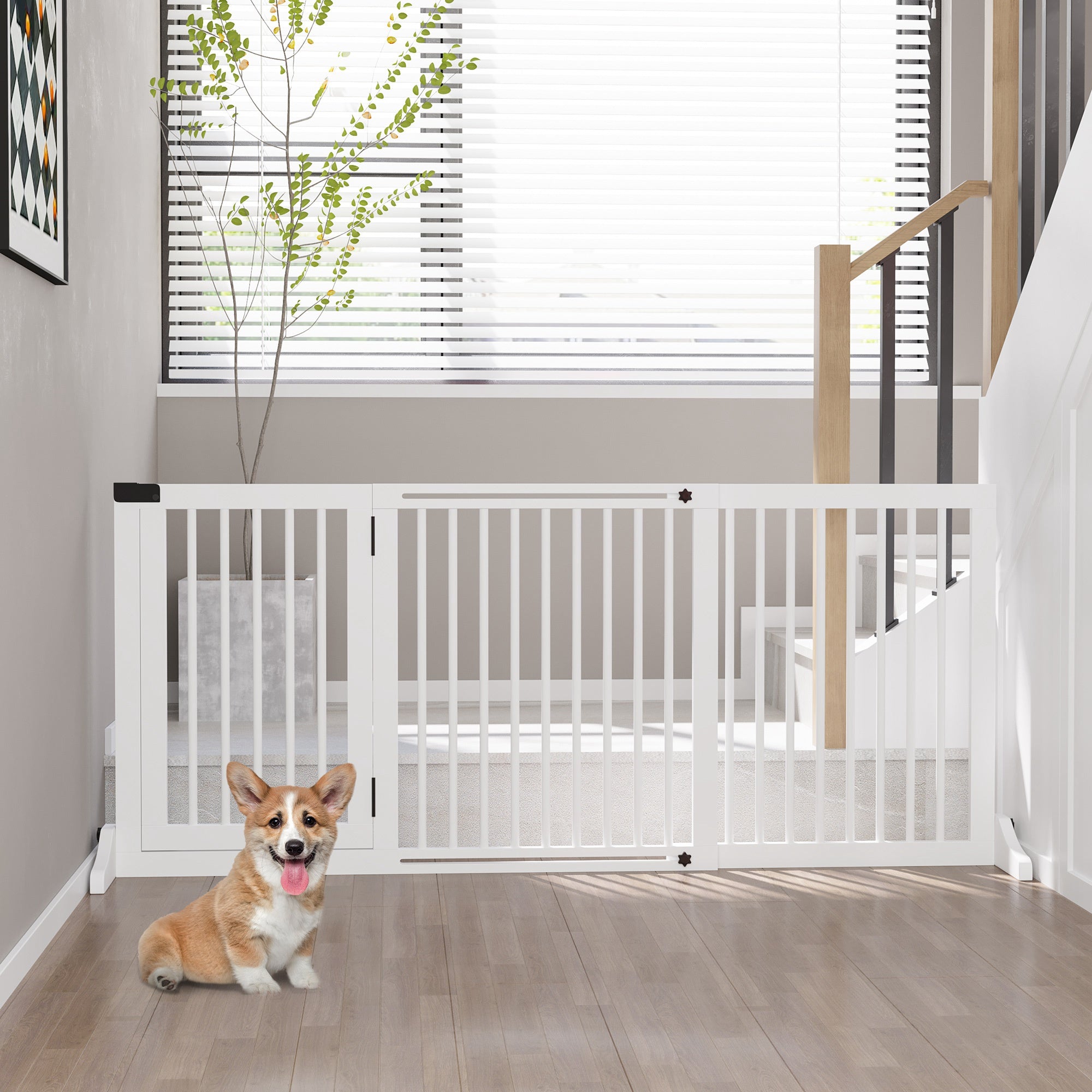 Barrière de sécurité chien barrière autoportante longueur réglable porte verrouillable intégrée dim. 113-166L x 36l x 71H cm pin blanc