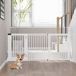 Dog safety gate, freestanding gate, adjustable length, built-in lockable door, dim. 113-166L x 36W x 71H cm, white pine