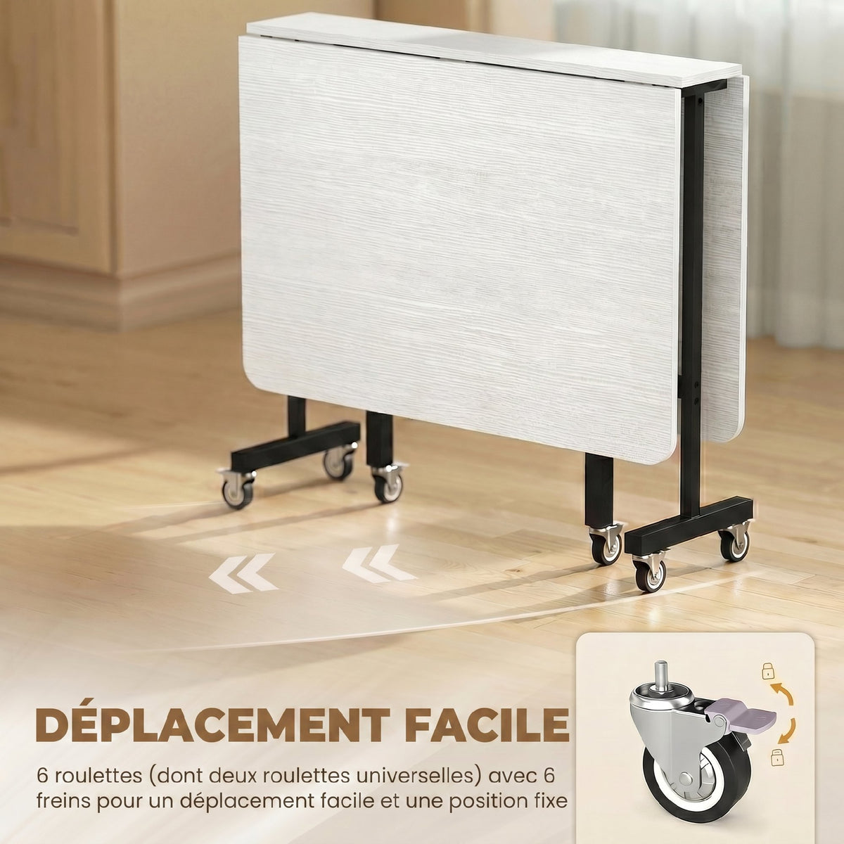 Tavolo da pranzo pieghevole con ruote per 4-6 persone 120 cm, ruote con freni, 2 ante a ribalta, stile industriale, bianco nero