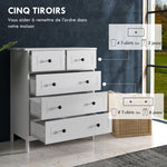 Commode meuble de rangement 5 tiroirs pour chambre, bureau, entrée, blanc et poignée métal noir