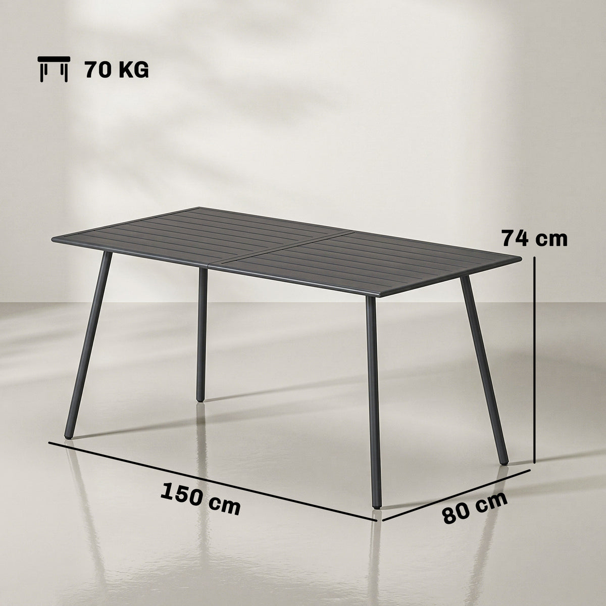 Table à manger de jardin pour 6 personnes avec plateau à lattes pour jardin, patio, terrasse, 150 x 80 x 74 cm, gris