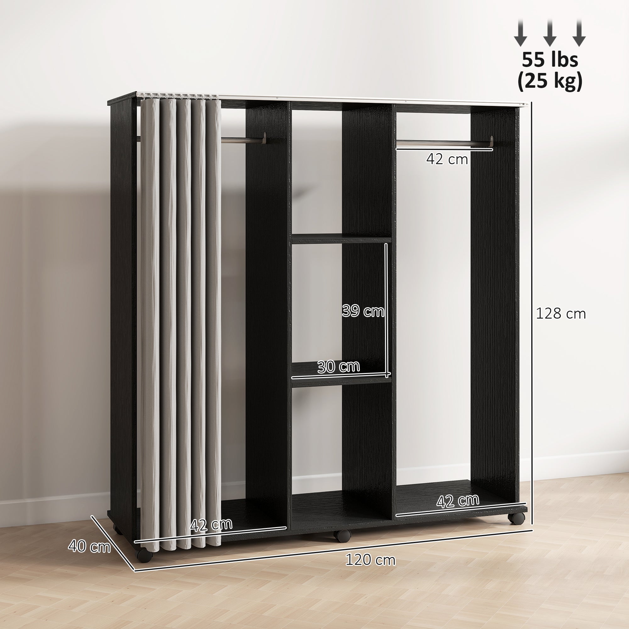 Armoire penderie Meuble de Rangement Mobile 6 roulettes 120L x 40l x 128H cm en bois Noir