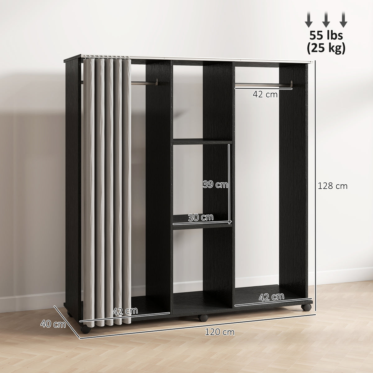 Armoire penderie Meuble de Rangement Mobile 6 roulettes 120L x 40l x 128H cm en bois Noir