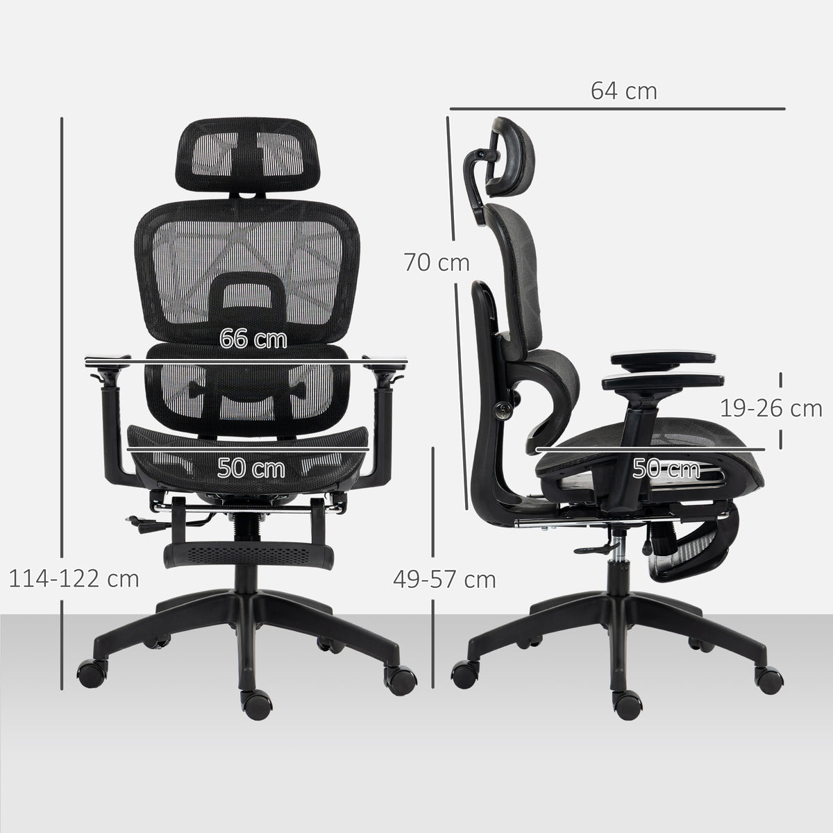 Fauteuil de bureau, chaise de bureau ergonomique en maille avec accoudoirs 3D, dossier inclinable, 66x64x122 cm, noir