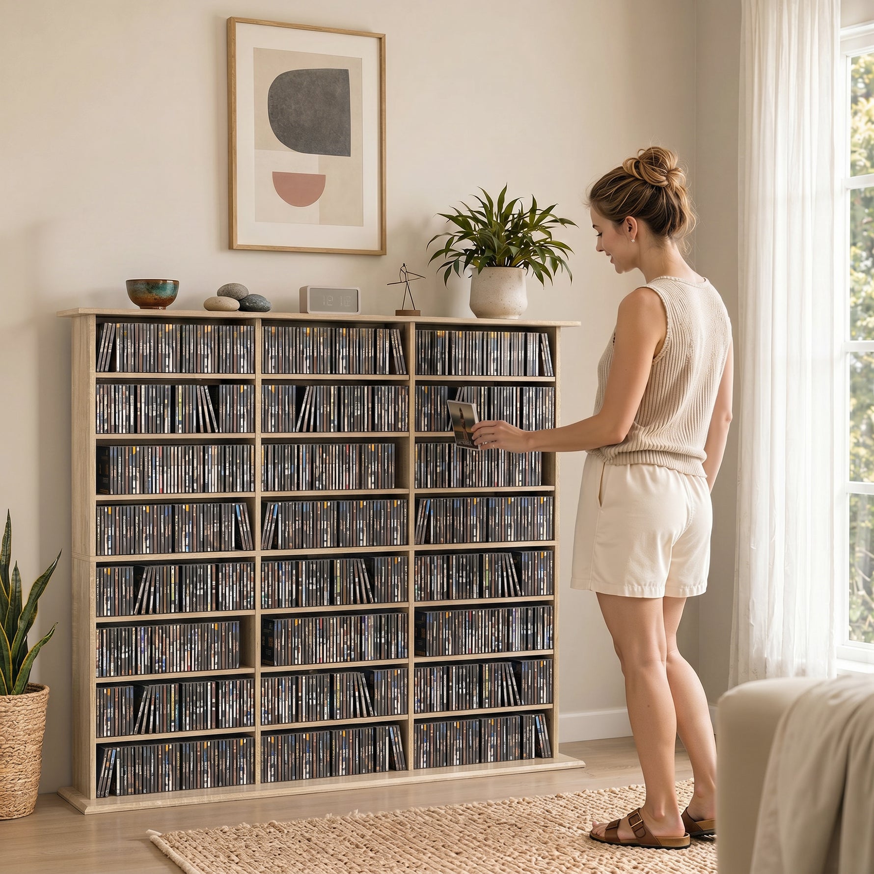 Meuble de rangement 1032 CDs / 594 DVDs, étagère multimédia, 24 compartiments et 18 étagères ajustables, chêne