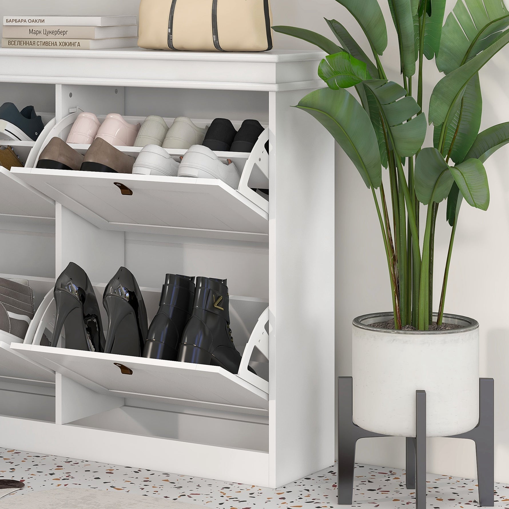 Meuble à chaussures 20 paires, armoire à chaussures, 4 tiroirs rabattables, étagères réglables, 105x24x82,5cm, blanc