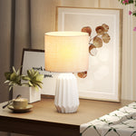 Lampe de Table avec Base en Céramique et Abat-Jour en Lin, Lampe de Chevet avec Interrupteur, Culot E27, Blanc et Beige