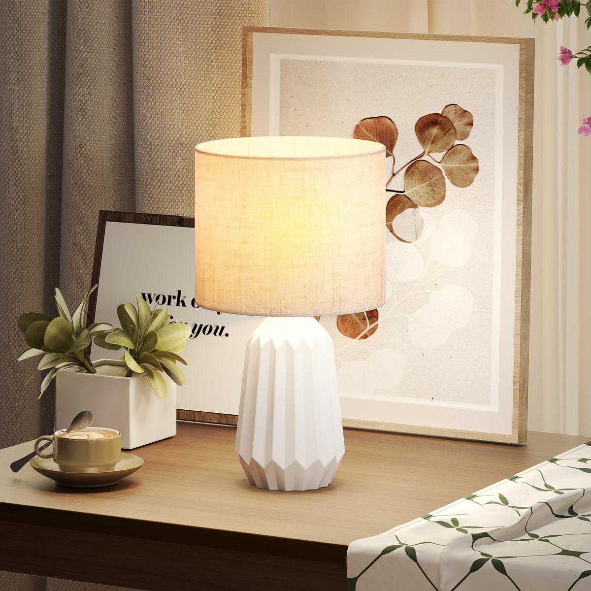 Lampe de Table avec Base en Céramique et Abat-Jour en Lin, Lampe de Chevet avec Interrupteur, Culot E27, Blanc et Beige