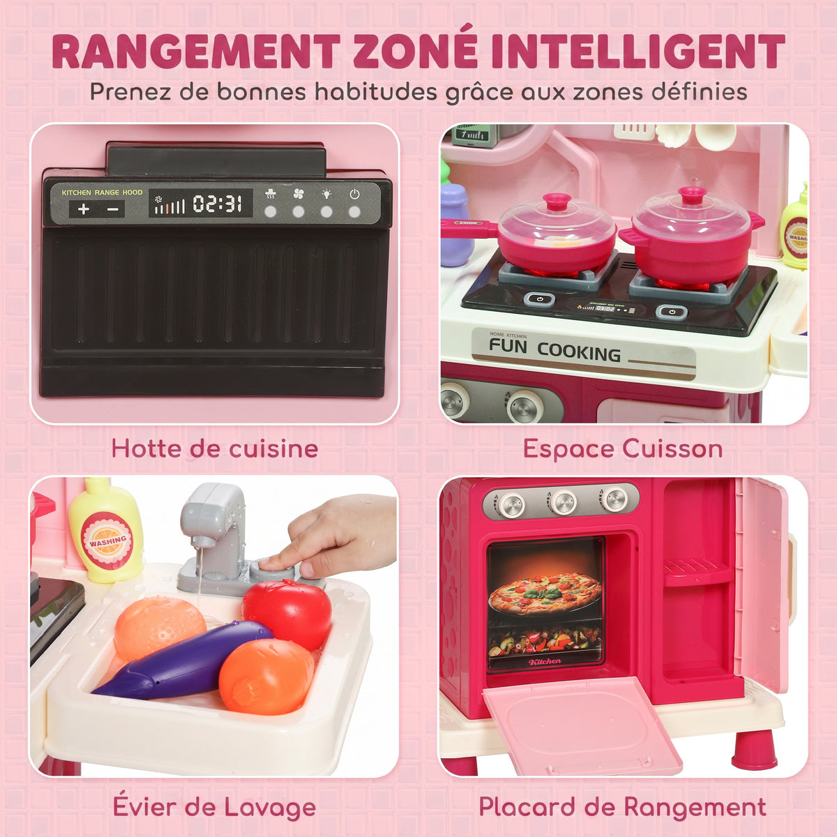 Cuisine pour Enfants Interactive, 33 Accessoires, avec Sons, Lumières, Rangement, 3-6 Ans, 67x25x87cm, Rose