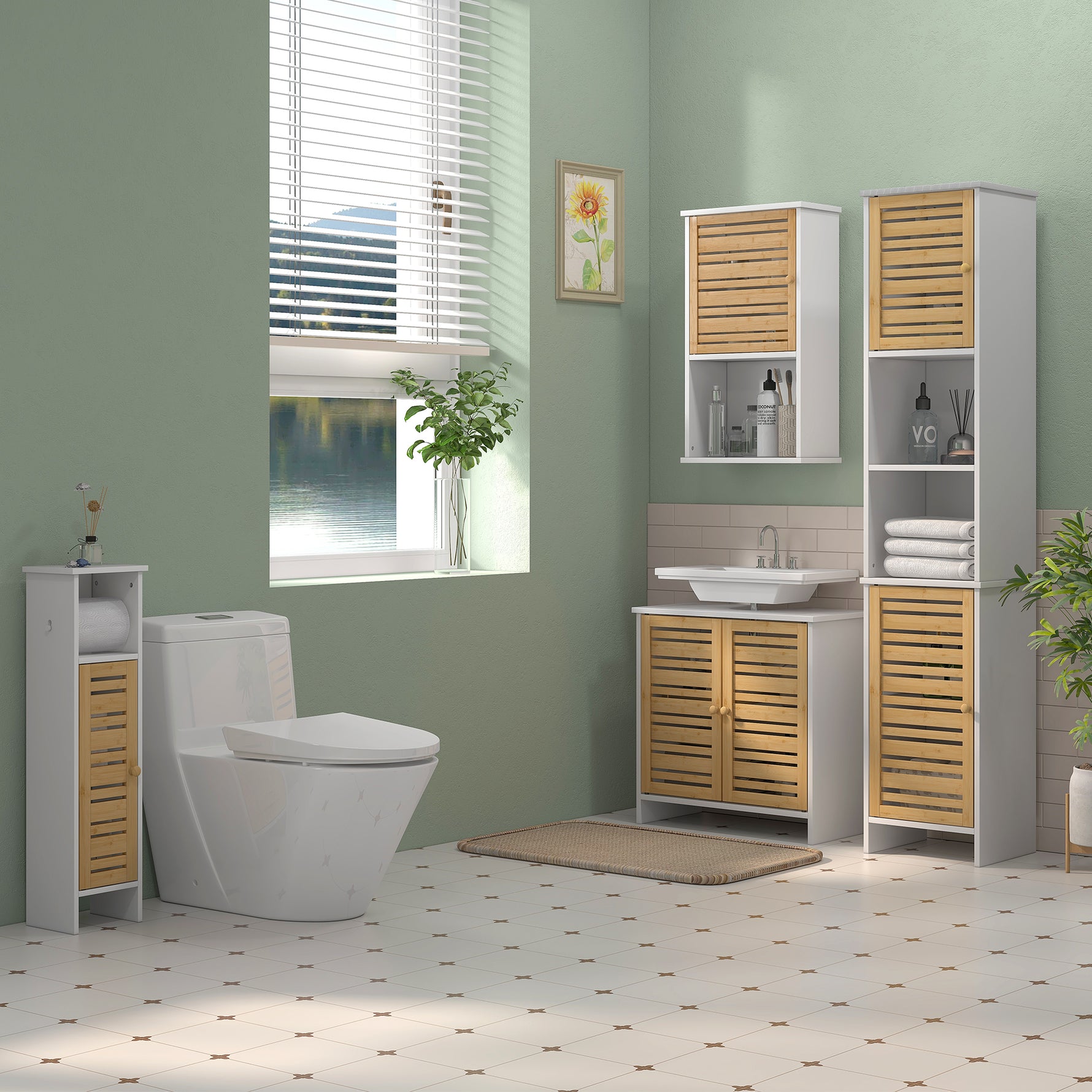 Meuble sous vasque de salle de bain 2 portes étagère réglable armoire de rangement pour lavabo 60x30x60 cm bambou blanc
