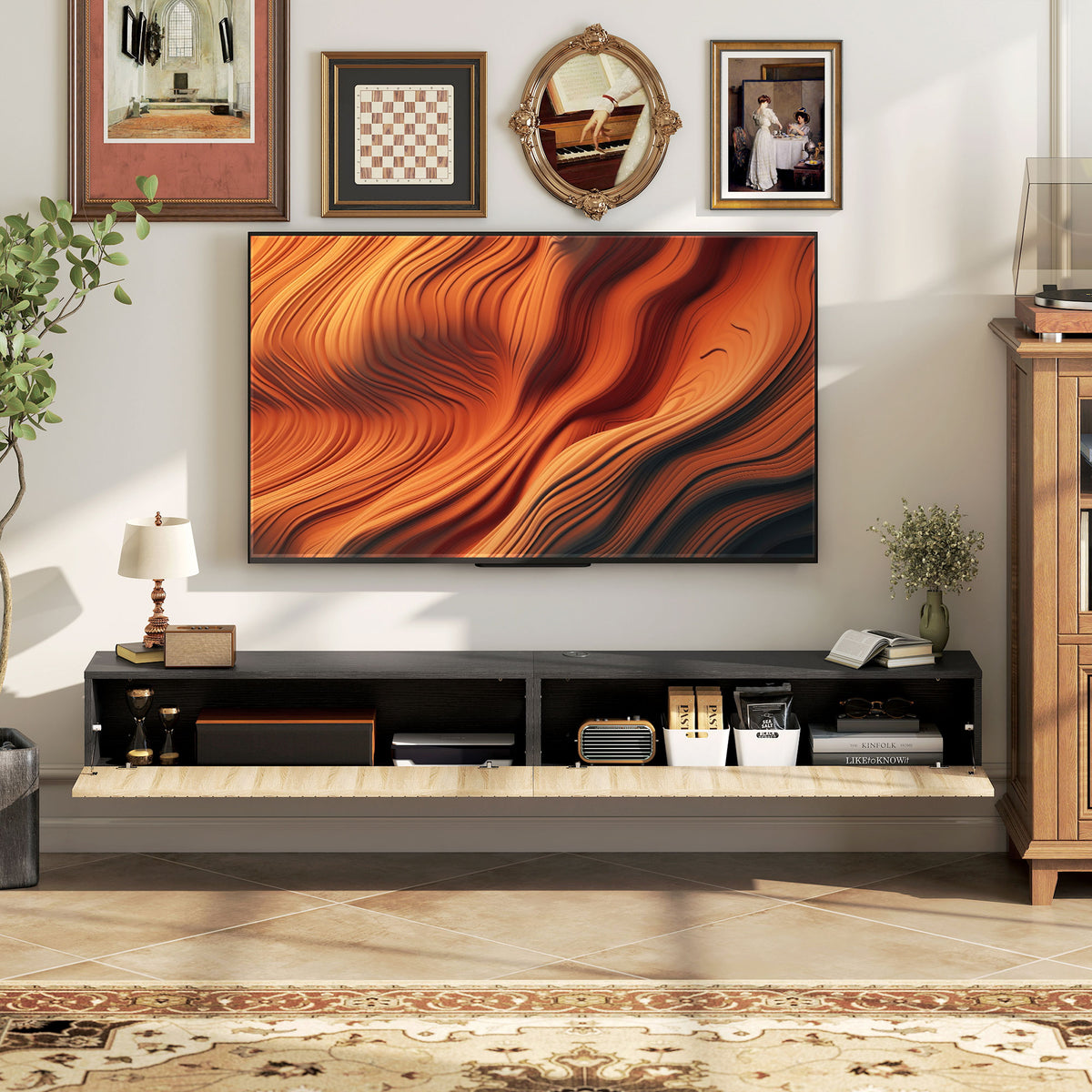 Meuble TV suspendu 140cm, meuble télé pour téléviseur 72 pouces, 2 portes rabattables, 140x25x22cm, bois naturel et noir
