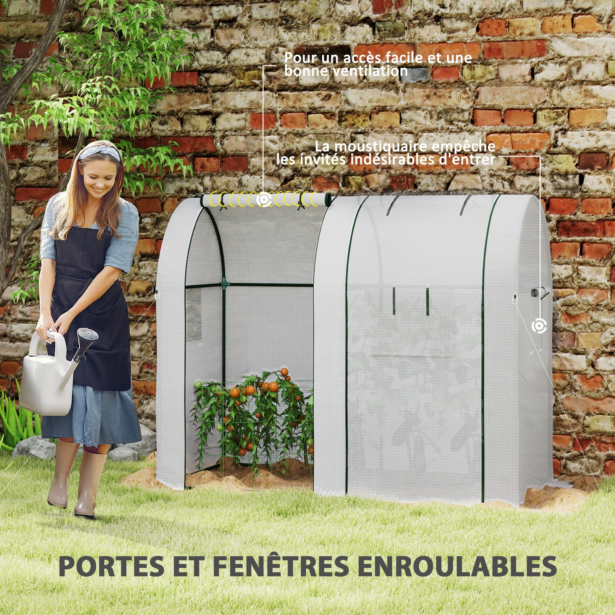 Serre de jardin 1,8 m² serre à tomates 2 portes zippées déroulantes 4 fenêtres enroulables acier PE 135 g/m² blanc