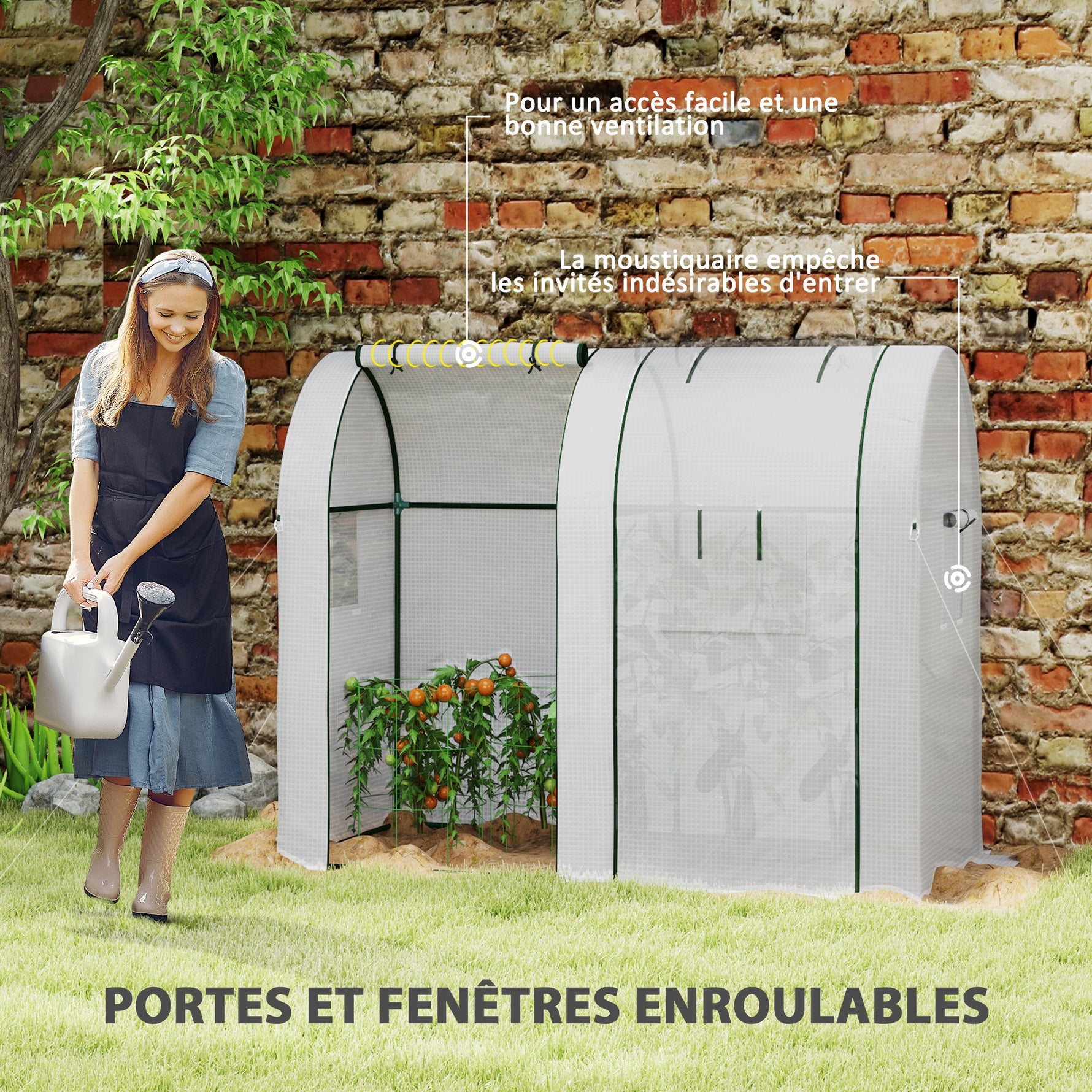 Serre de jardin 1,8 m² serre à tomates 2 portes zippées déroulantes 4 fenêtres enroulables acier PE 135 g/m² blanc