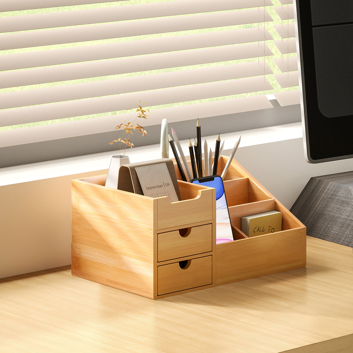 Boite de Rangement de Bureau - Organiseur de Bureau - 7 Compartiments, 2 tiroirs - Bambou Verni, Bambou