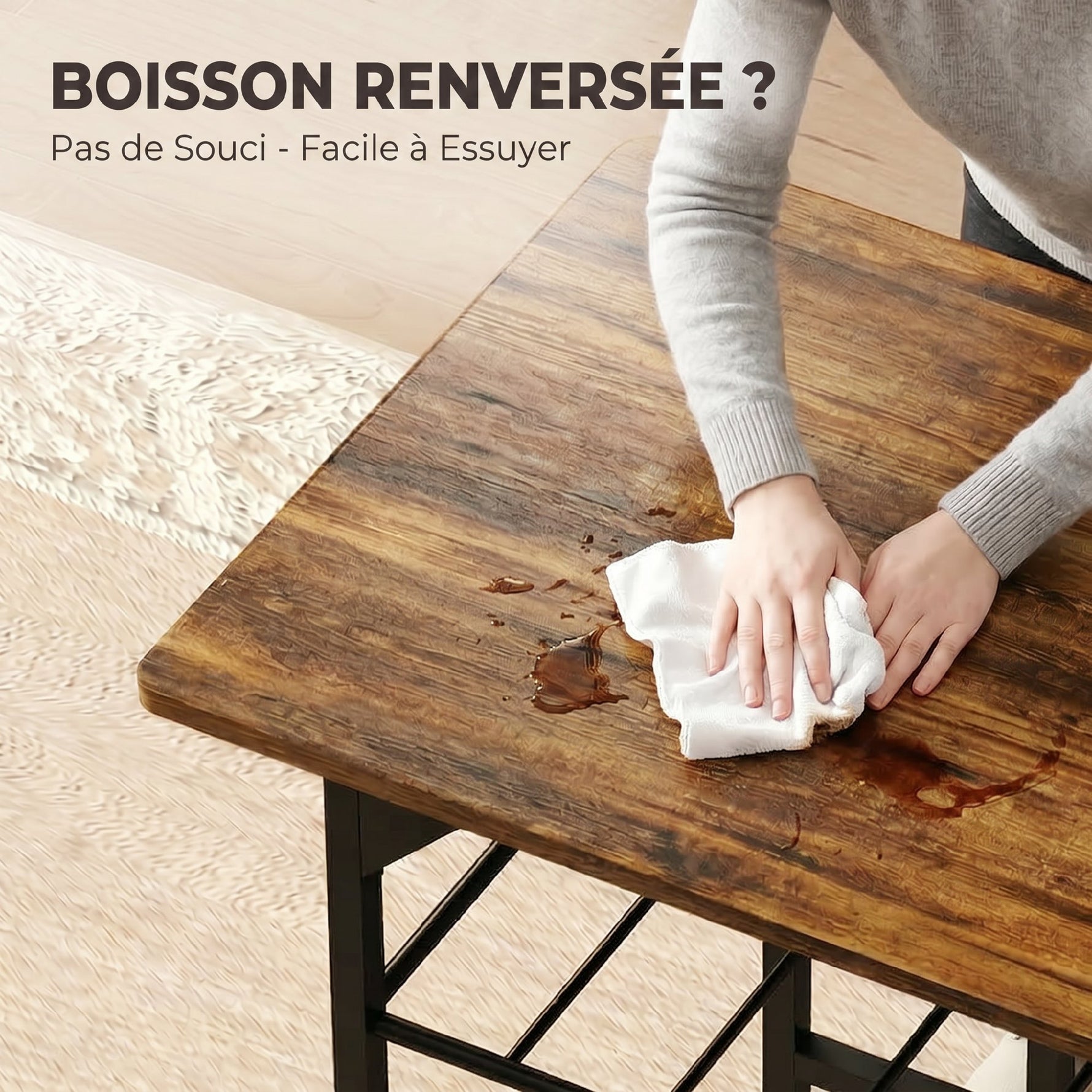 Ensemble table salle à manger avec 2 chaises, table de cuisine avec chaises pour 2 personnes, cadre en métal, marron