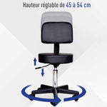 Tabouret massage a roulettes reglable en hauteur pivotant avec dossier ergonomique noir