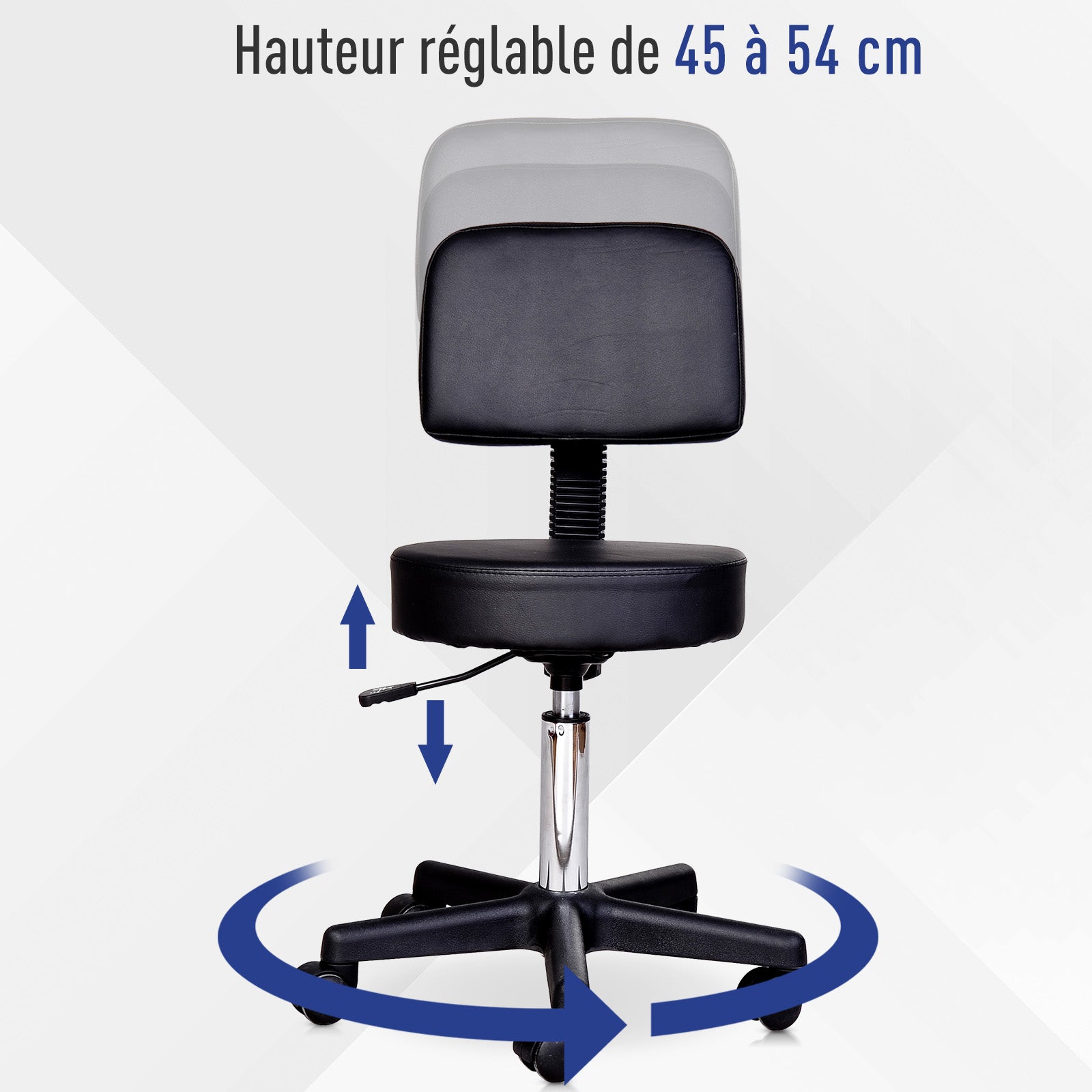 Tabouret massage a roulettes reglable en hauteur pivotant avec dossier ergonomique noir