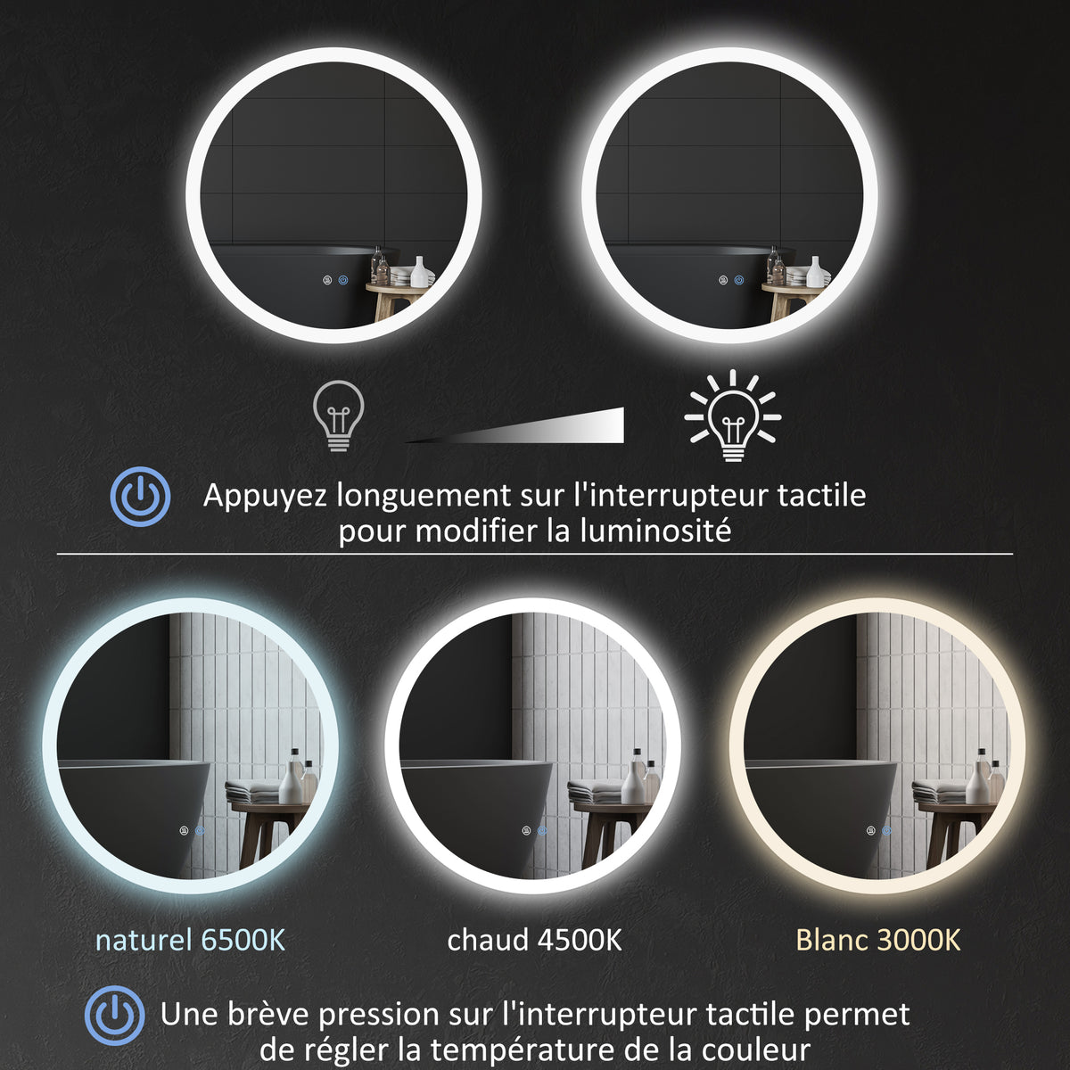 Miroir rond lumineux LED de salle de bain Ø 60 cm mural avec éclairage 3 couleurs interrupteur tactile 29 W gris