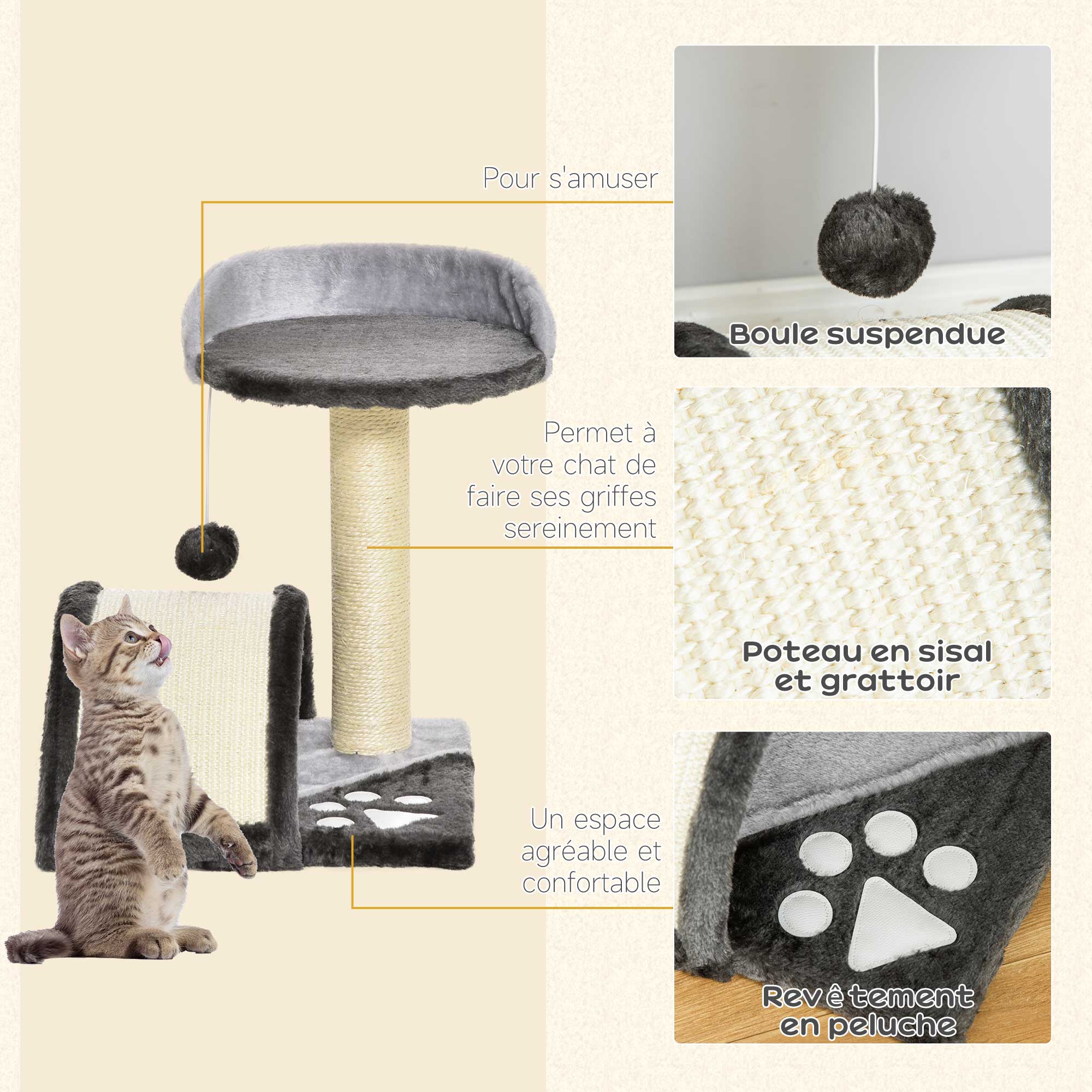 Arbre à chat griffoir grattoir design jeu boule suspendue + plateforme peluche sisal naturel gris foncé