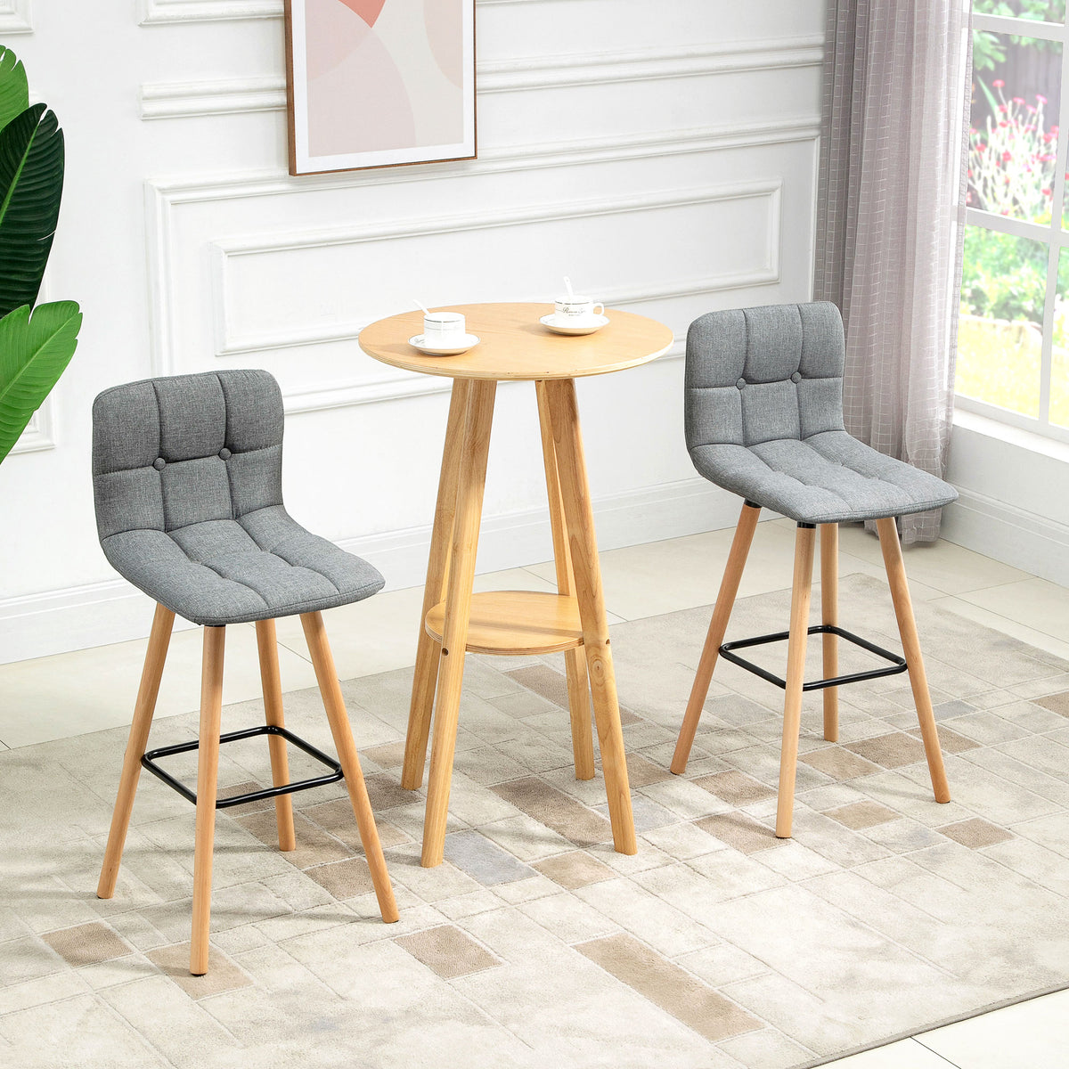 2er-Set Barhocker, gepolsterte Barstühle mit Rückenlehne und Fußstütze, Holzbeine, 41,5x47x97,5 cm, Grau