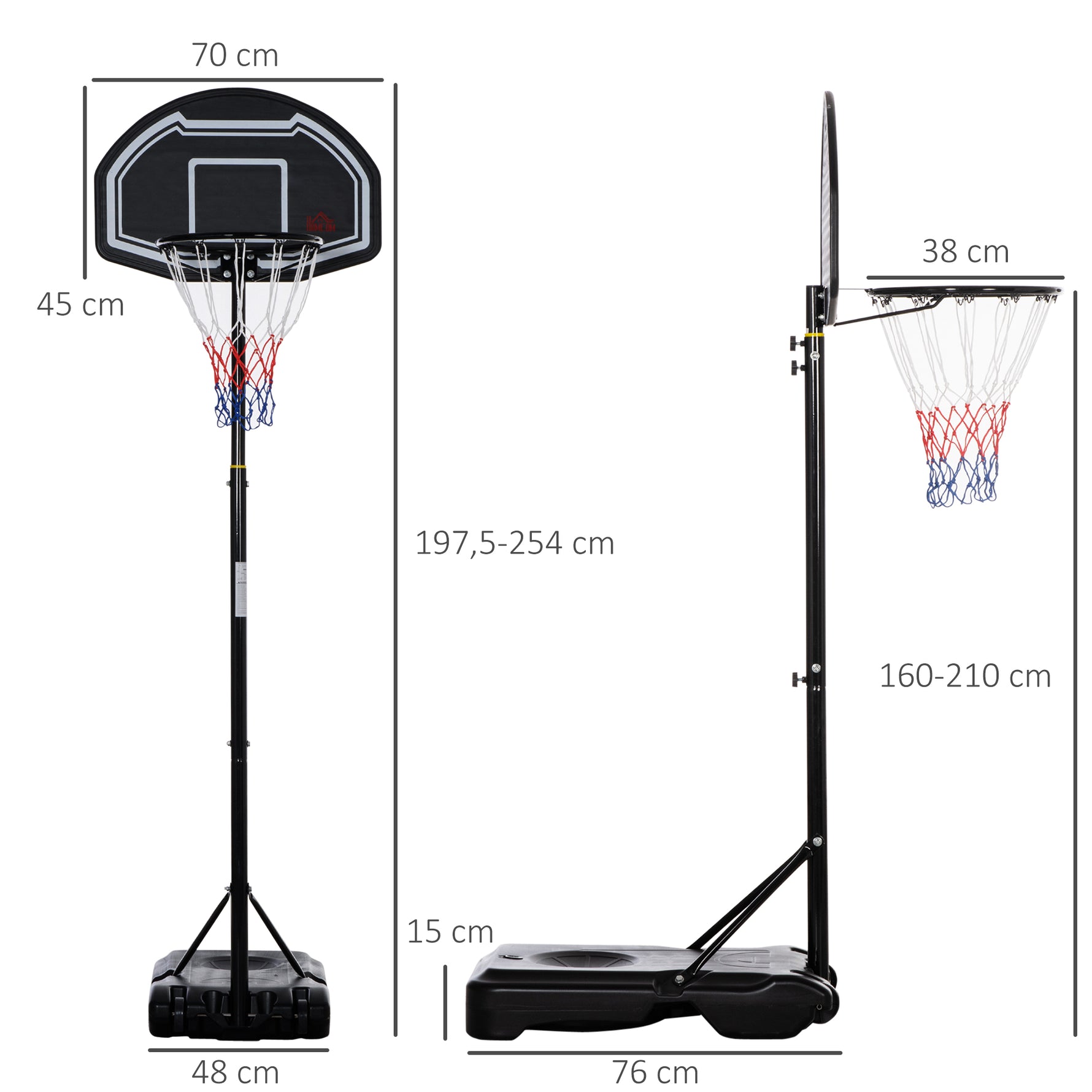 Panier de basket extérieur hauteur réglable 197,5-254 cm panier de basket sur pied à roulettes base remplissable noir