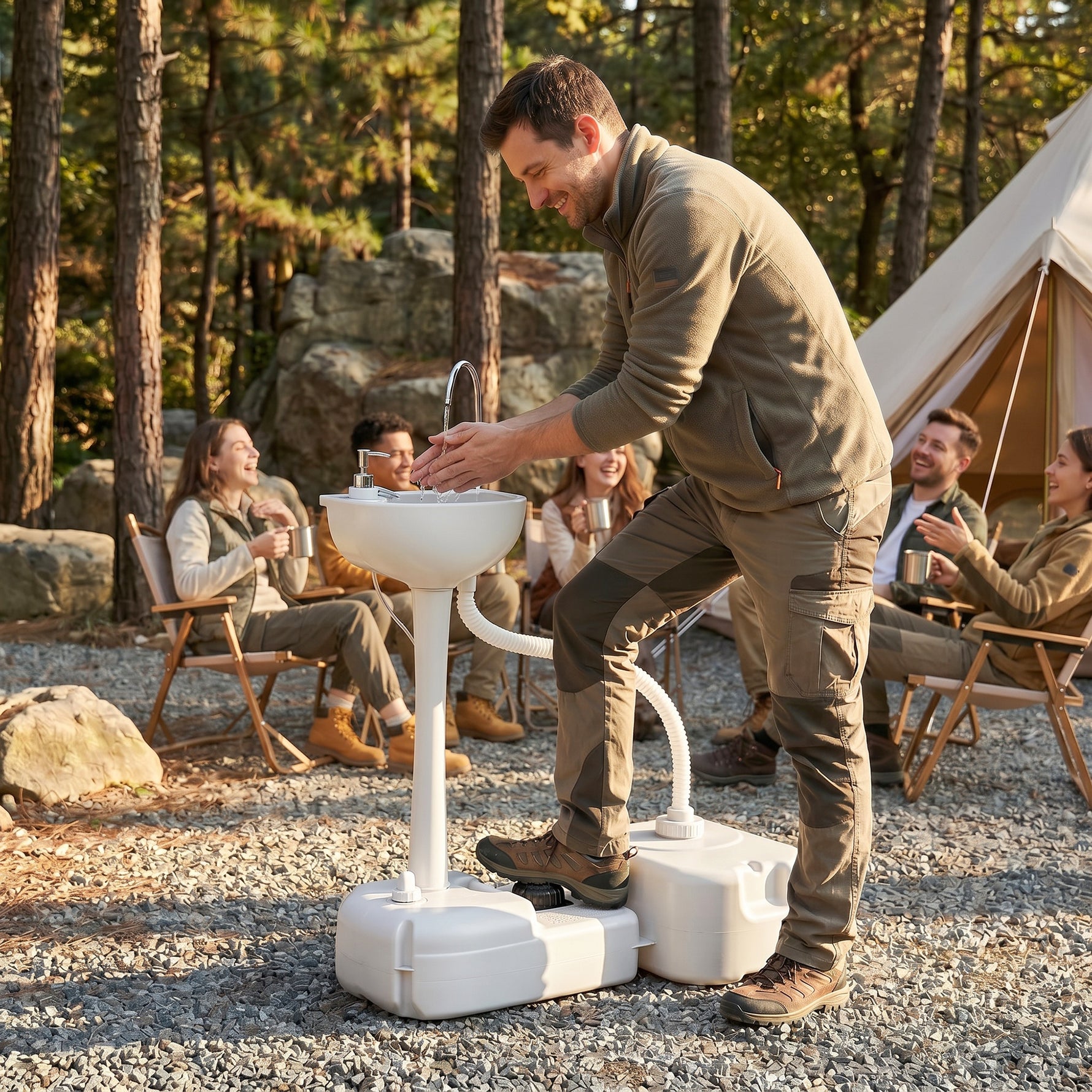 Évier à Main Portable Station de Lavage Camping Jardin Extérieur Voyager avec Réservoir d'Eau 17L Gris