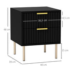 Mesita de noche, mesa de noche acanalada con 2 cajones y patas de acero, para dormitorio, salón, negro