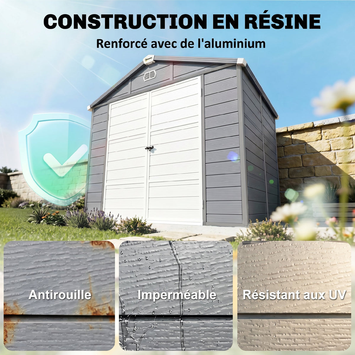 Abri de jardin en résine 4,56 m² avec kit de fondation galvanisé structure en aluminium 240 x 190 x 228 cm gris foncé