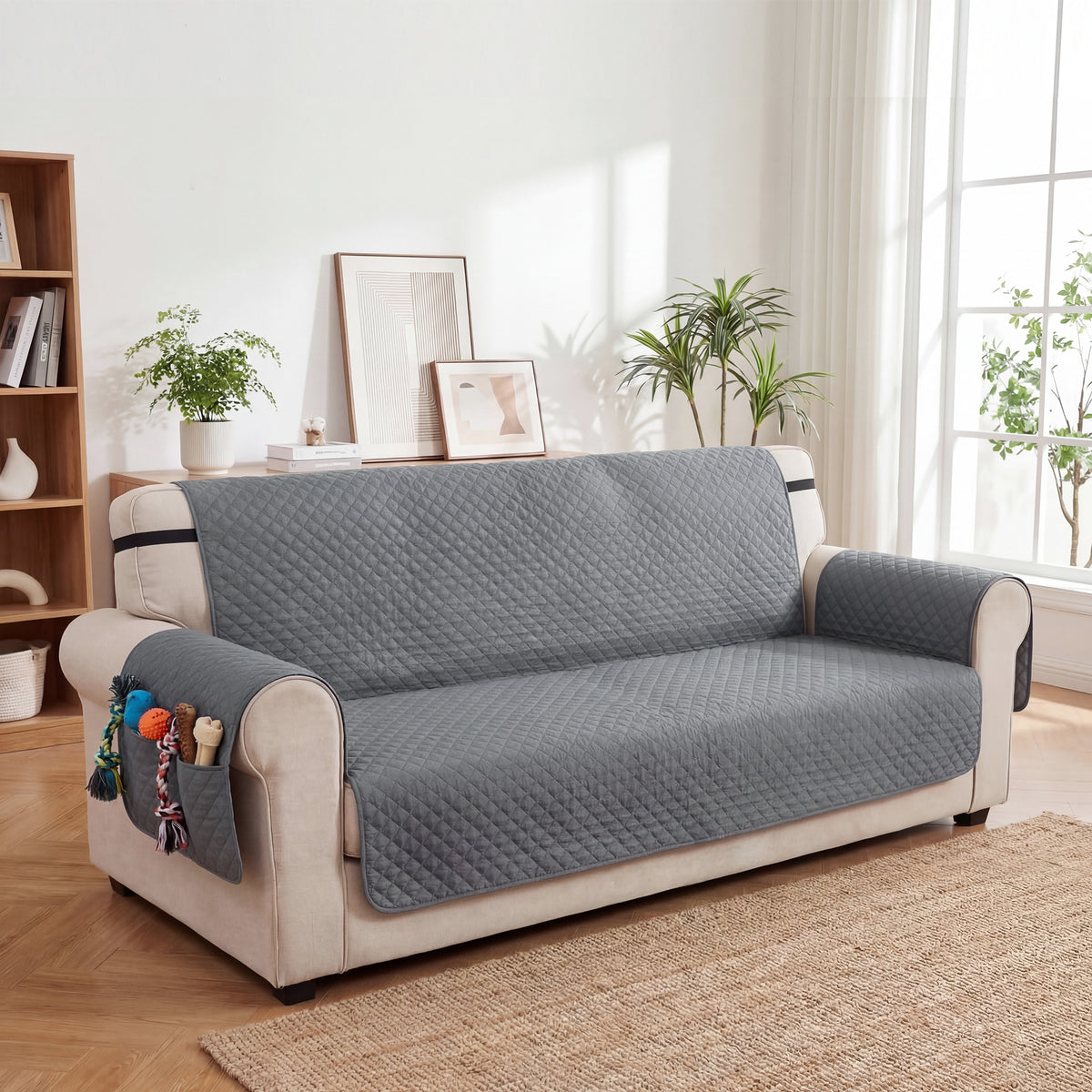 Housse de Canapé Protecteur de Meubles 3 Places Imperméable Anti-glisse avec Poches de Rangement Gris