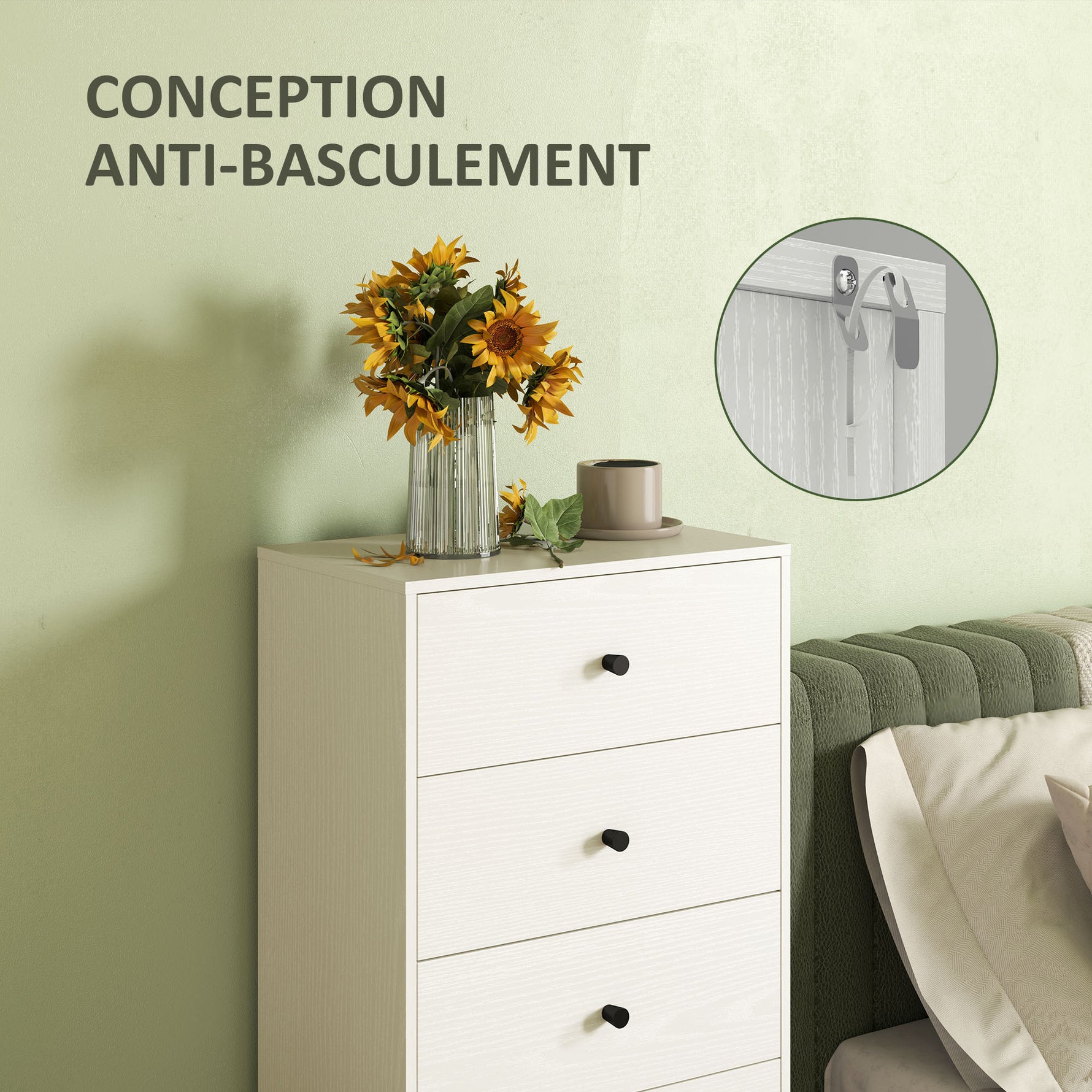 Commode 5 tiroirs, meuble de rangement haut et étroit, style moderne pour chambre à coucher, salon - 47x29x95cm, crème