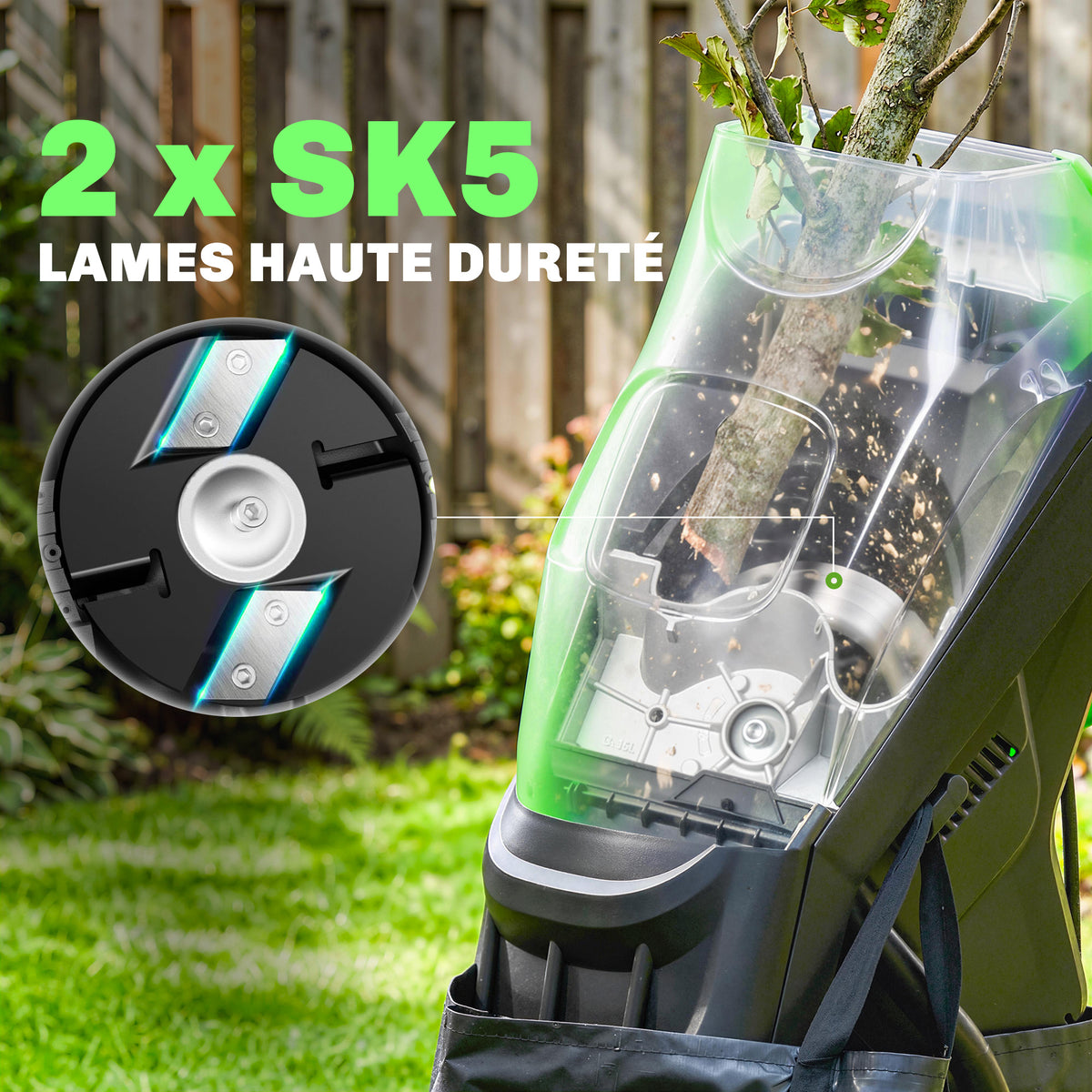 Broyeur de Végétaux Électrique 2500 W, Broyeur de Branches avec Sac de Collecte 45L, 4300 tr/min, 44x34x96cm, Vert